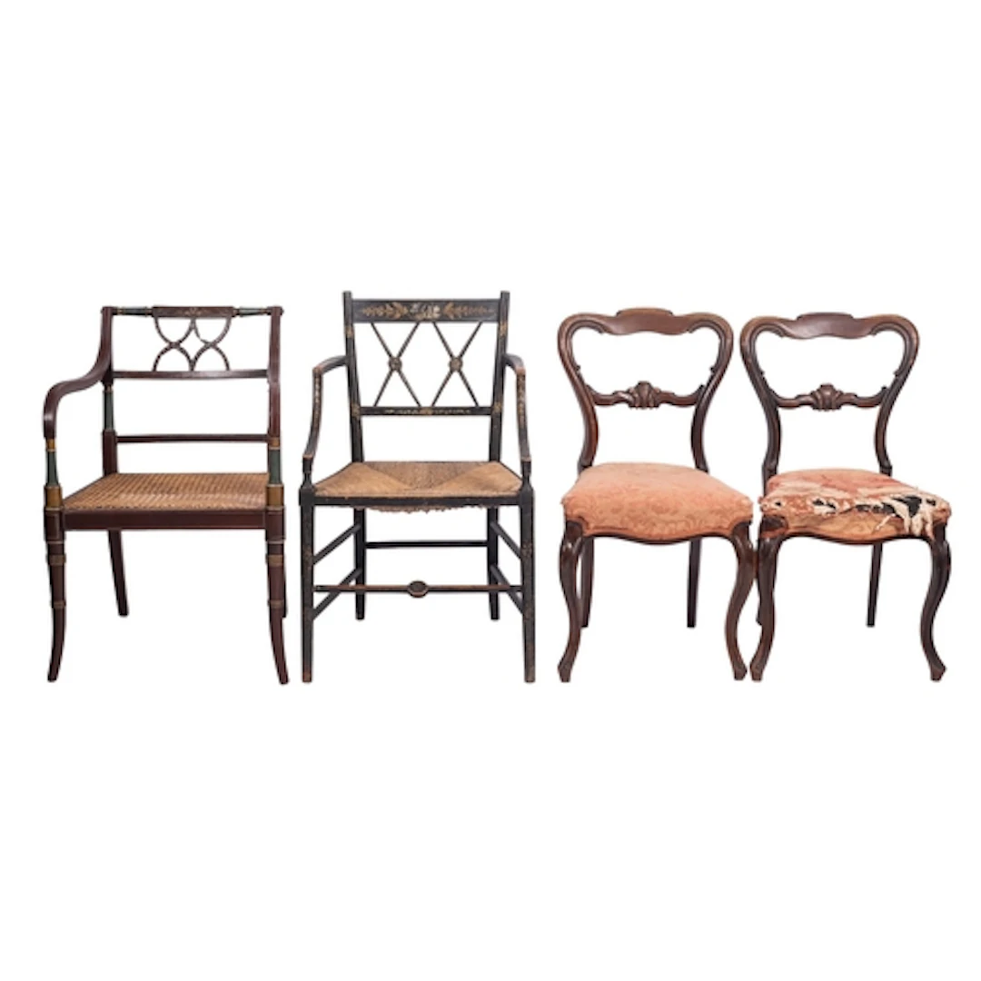 A Regency japanned wood and canework elbow chair, early 19th...