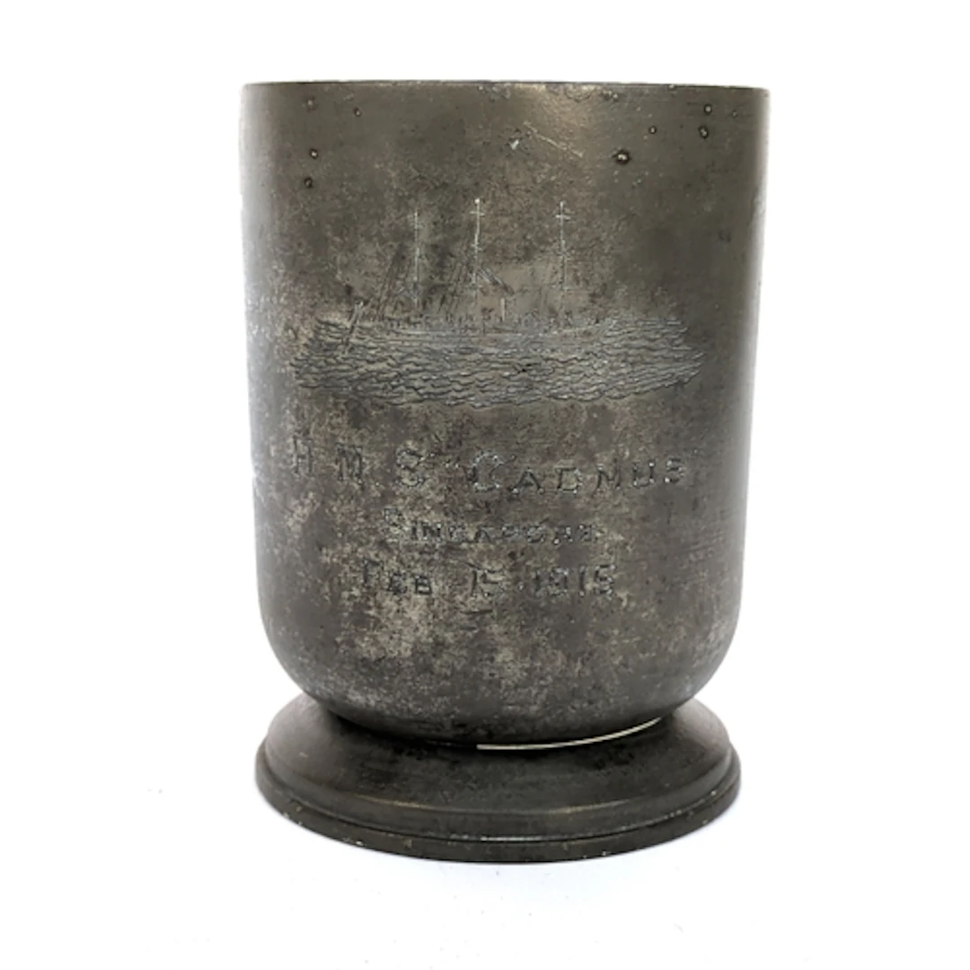British colonial interest: A pewter tankard engraved 'HMS Ca...