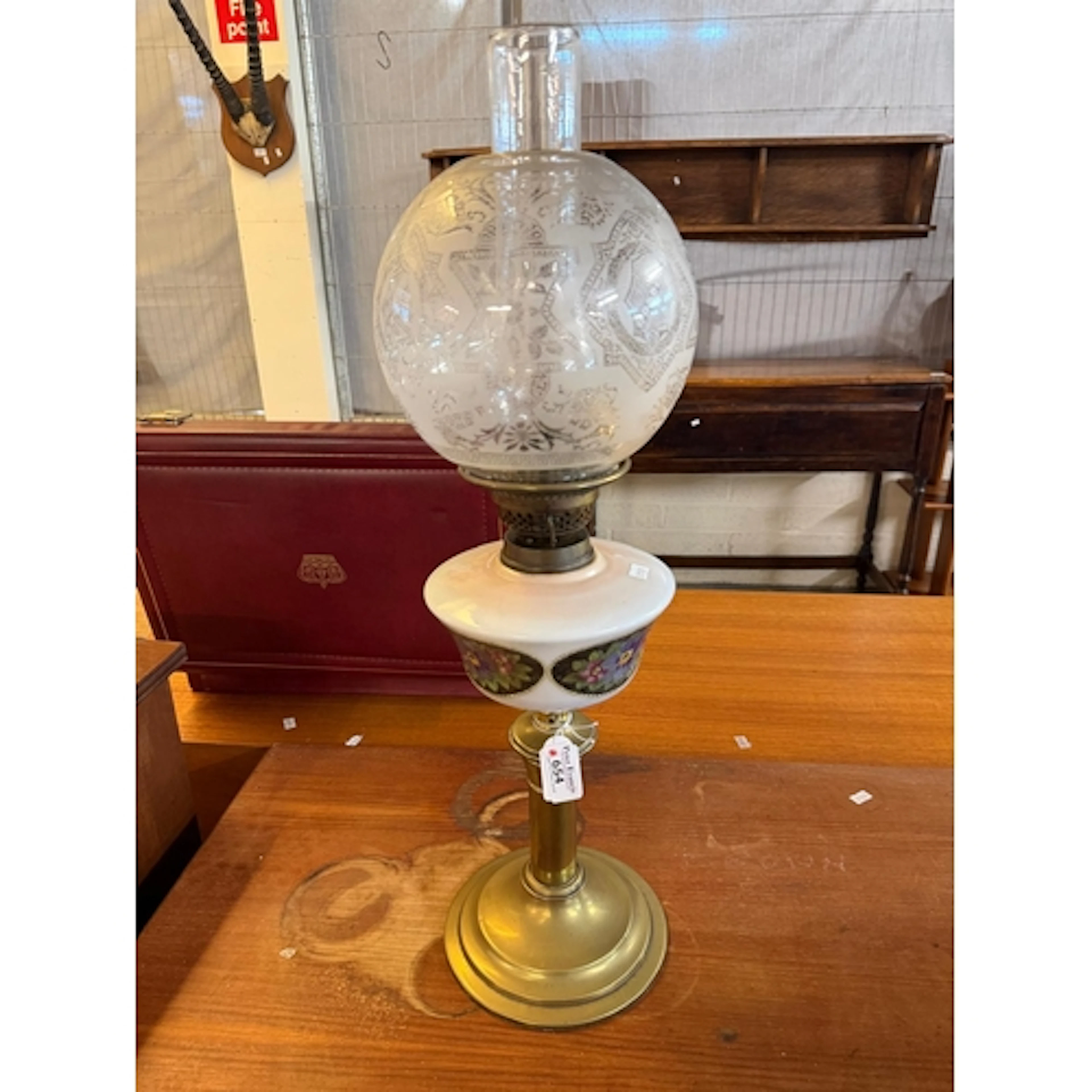Early 20th century brass double burner oil lamp with etched ...