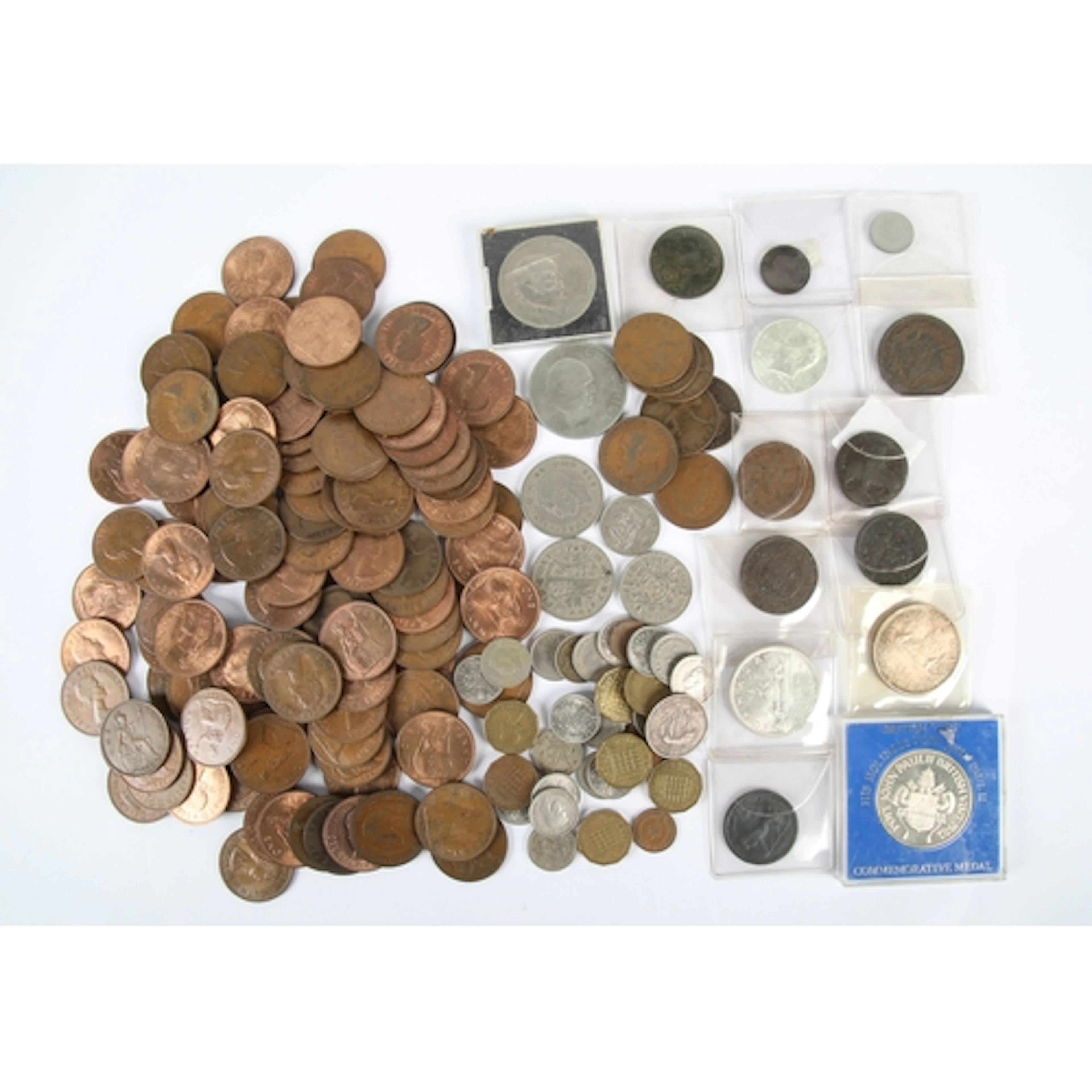 Collection of bronze coins, commemorative medal, internation...