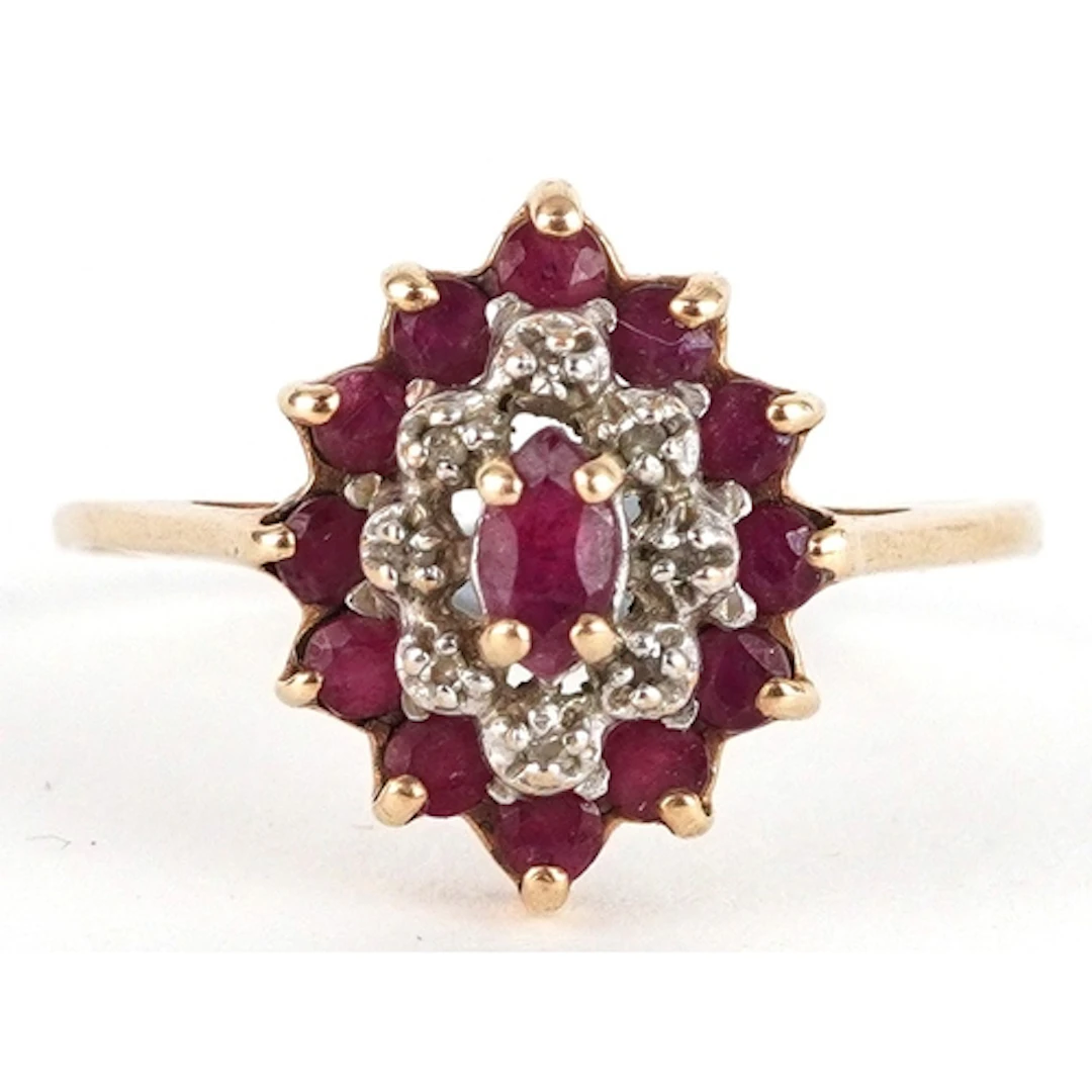 9ct gold ruby and diamond three tier cluster ring, size V, 2...