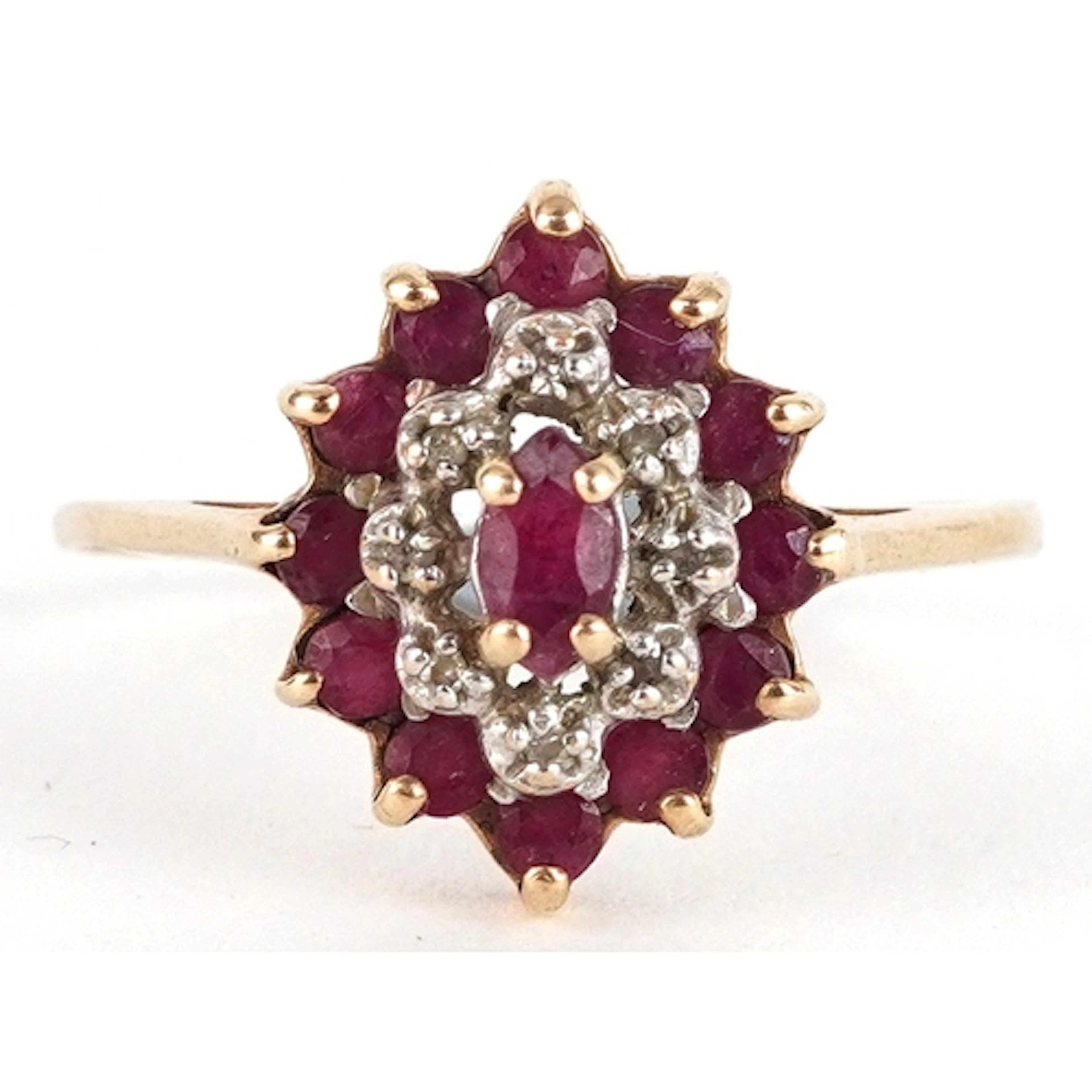 9ct gold ruby and diamond three tier cluster ring, size V, 2...