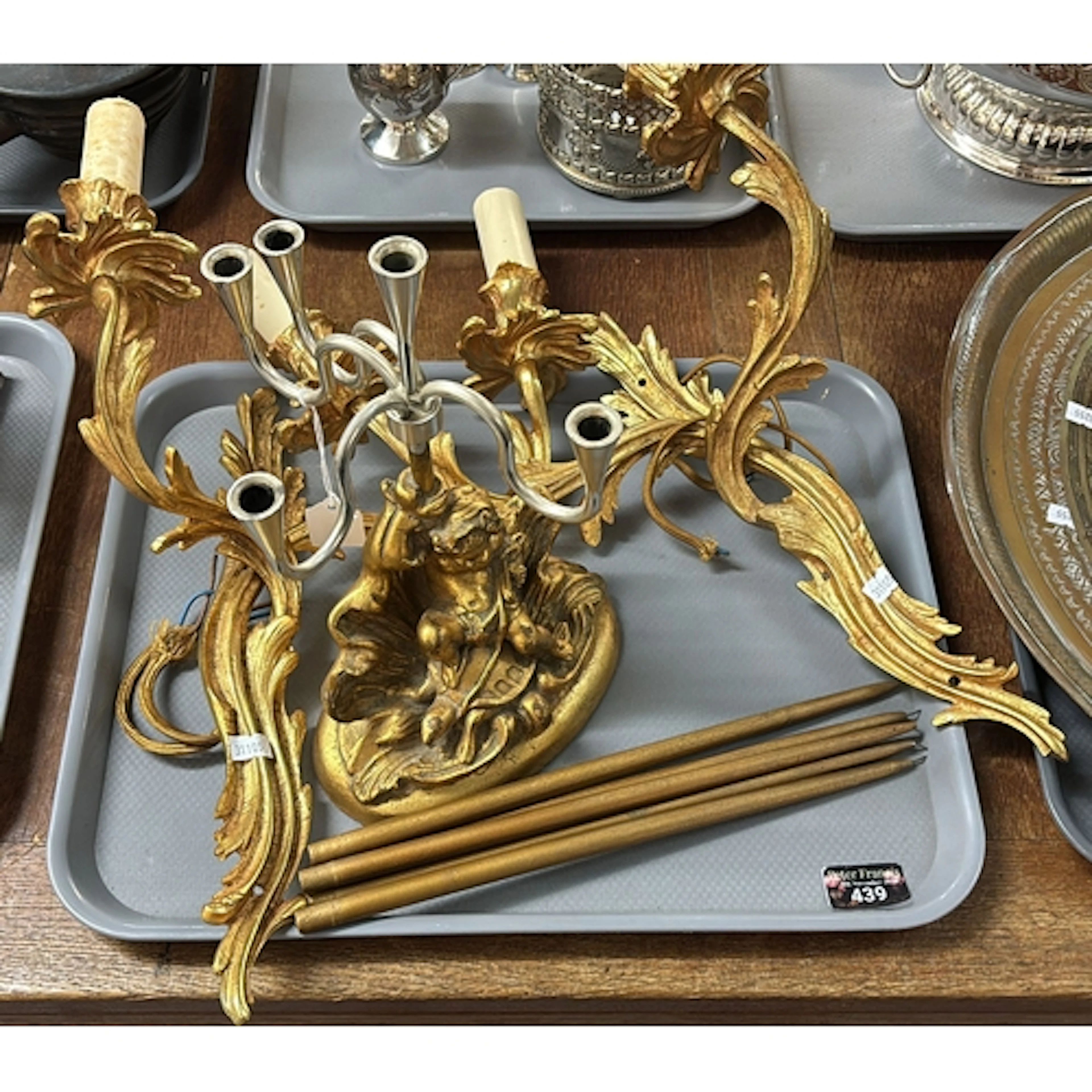 Pair of gilt bronze Rococo style wall mounted candelabra tog...