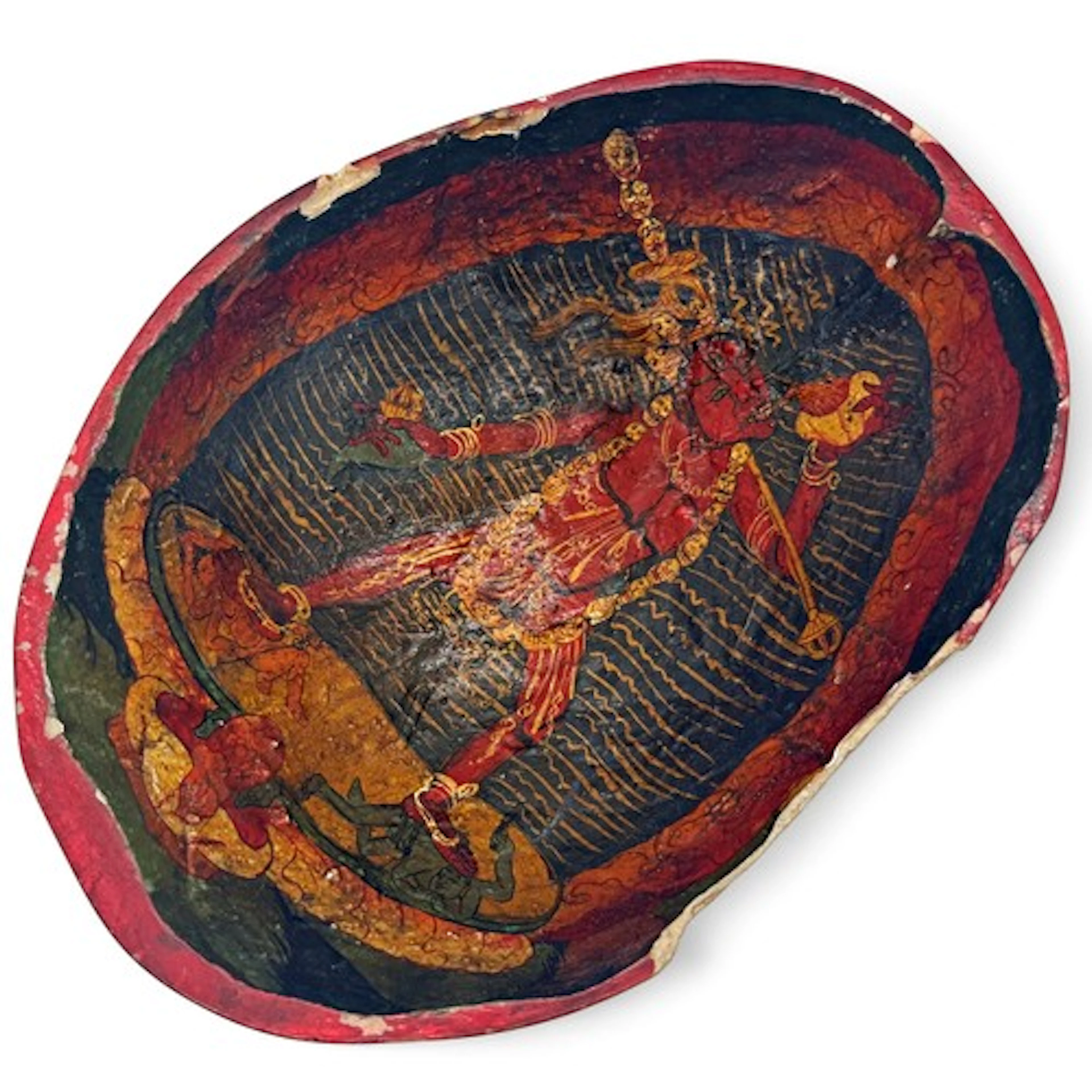 A Tibetan painted Kapala, the human skull bowl painted to th...