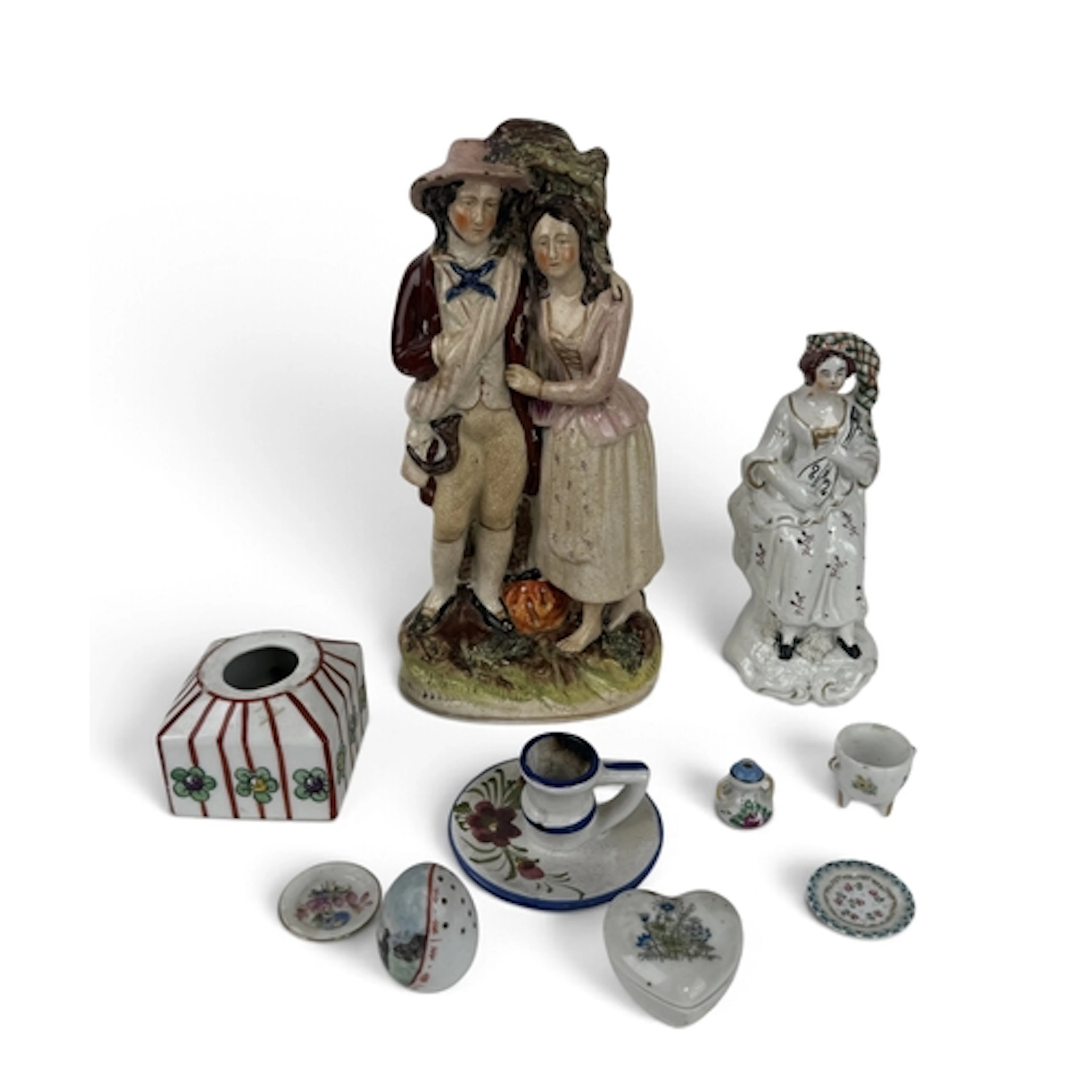 TWO STAFFORDSHIRE FIGURES AND OTHER CERAMICS Largest 26cm H...