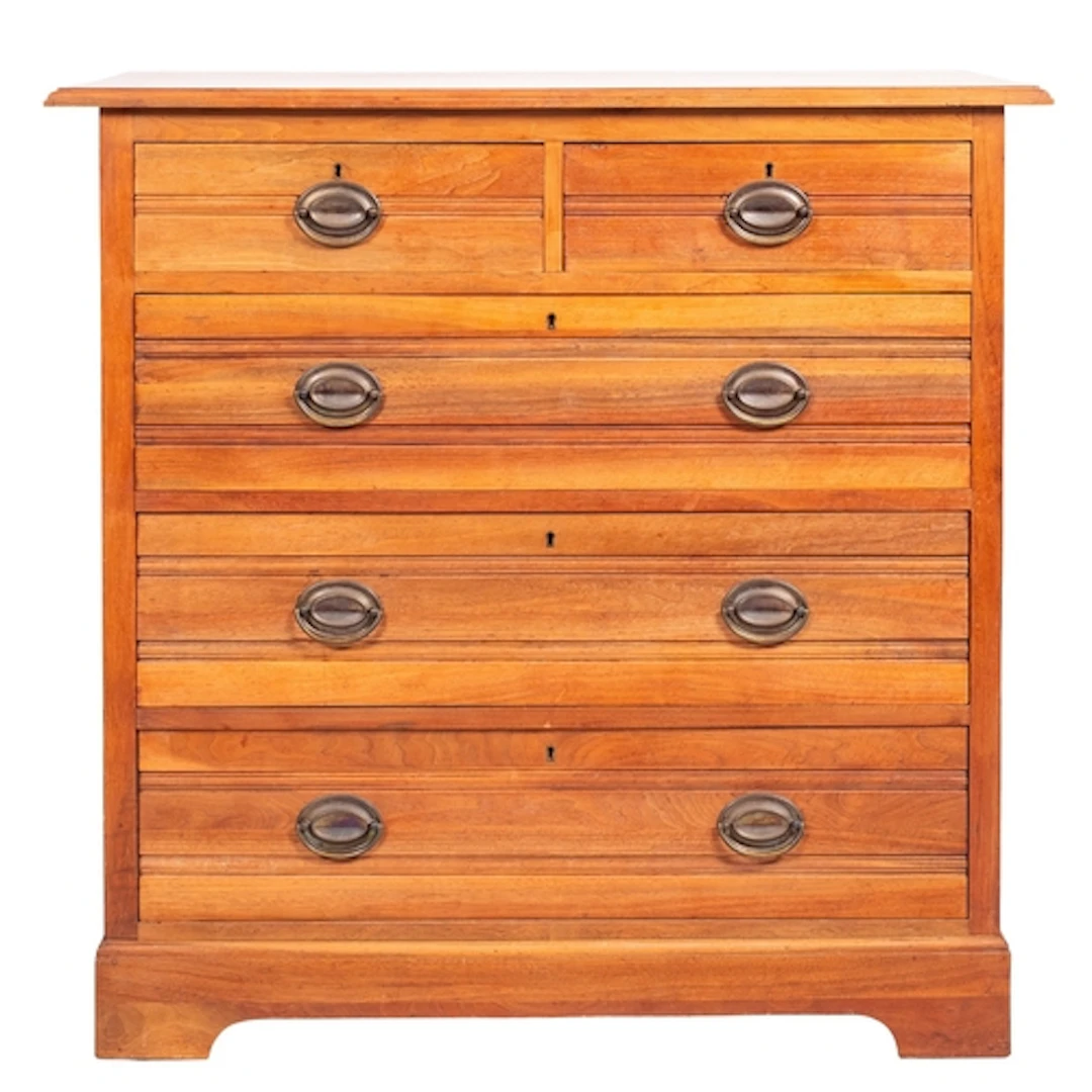 A stained hardwood, perhaps 'satin walnut' chest of drawers,...
