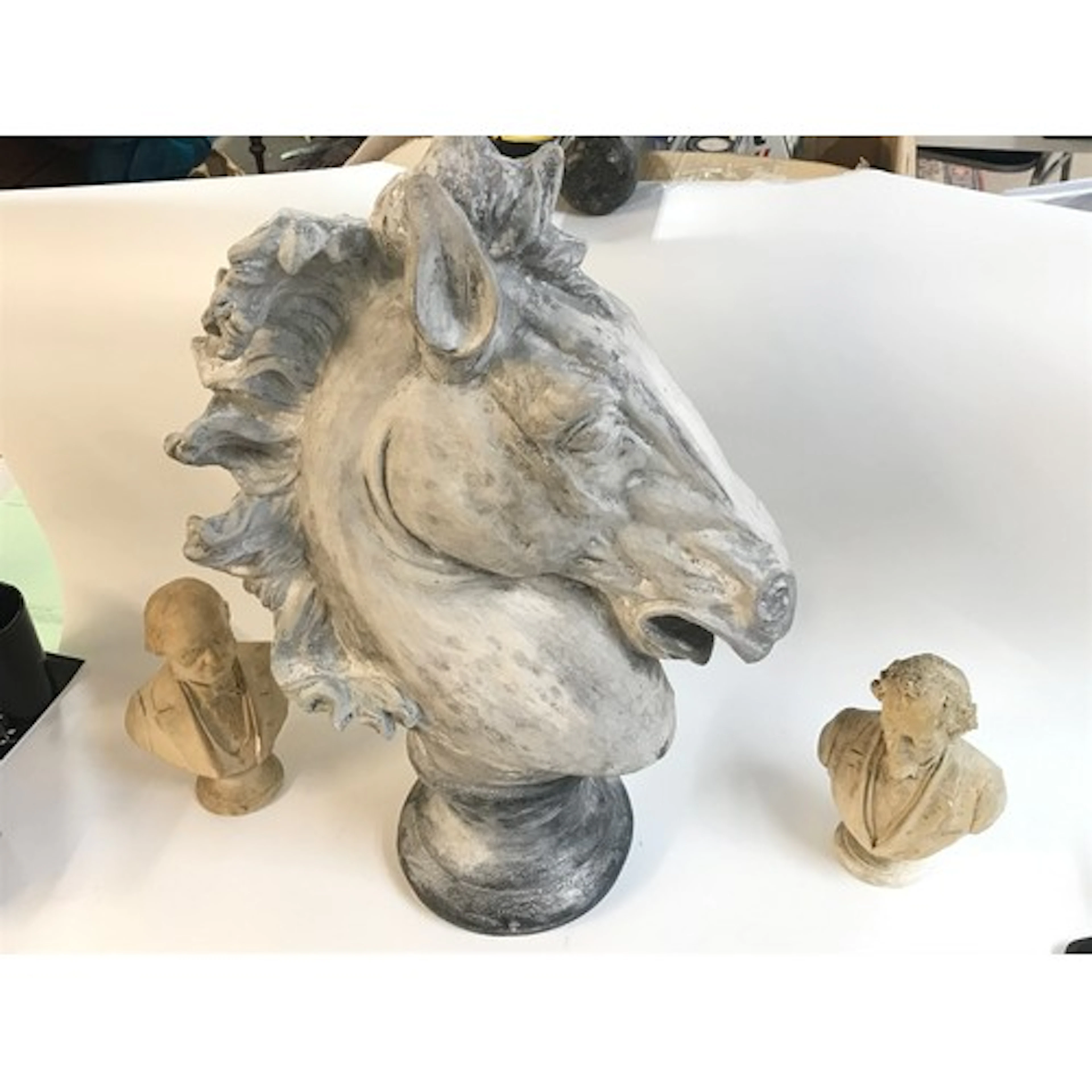 A plaster bust of a horse and two small Victorian plaster bu...
