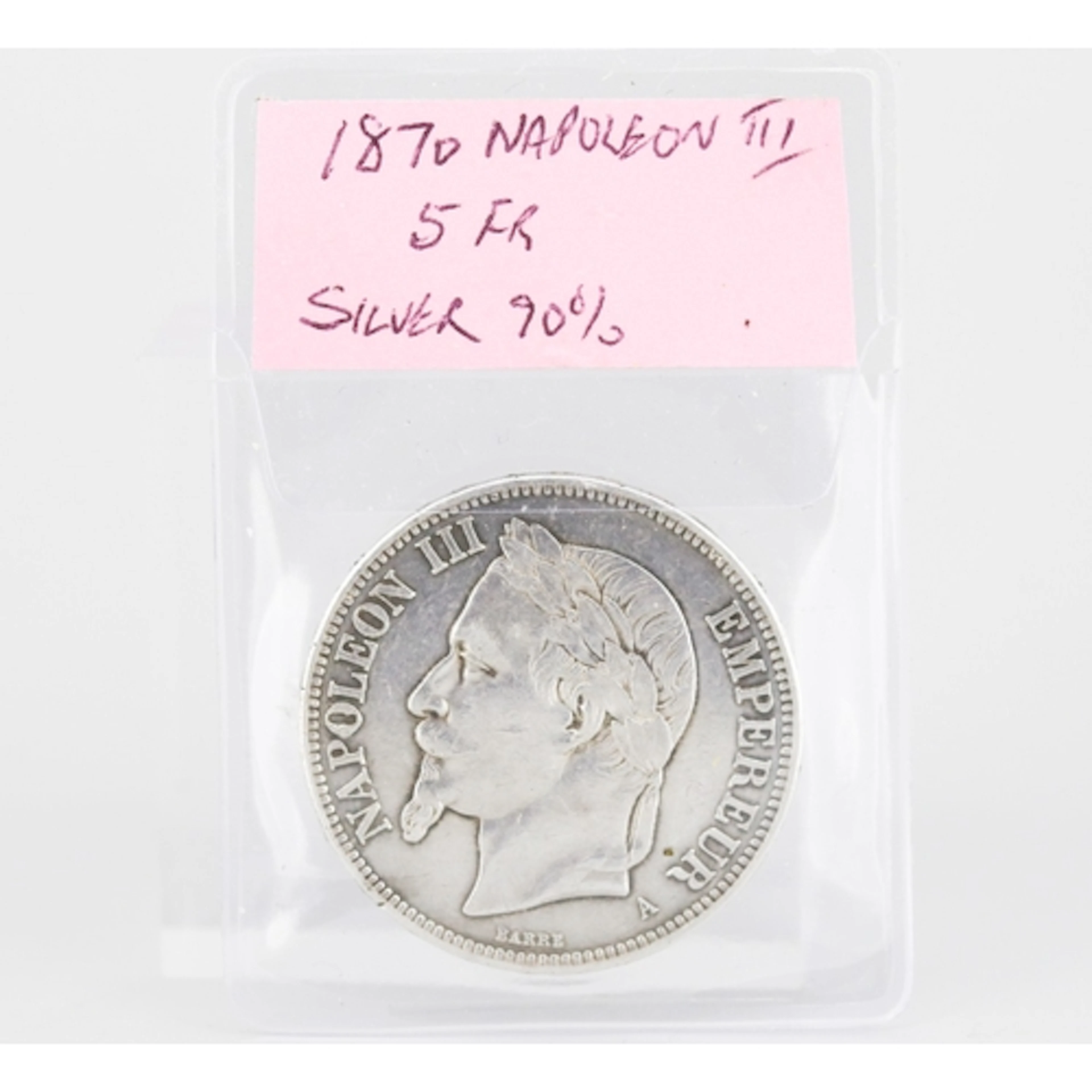 Silver French 5 Franc Coin, Napoleon III 1870