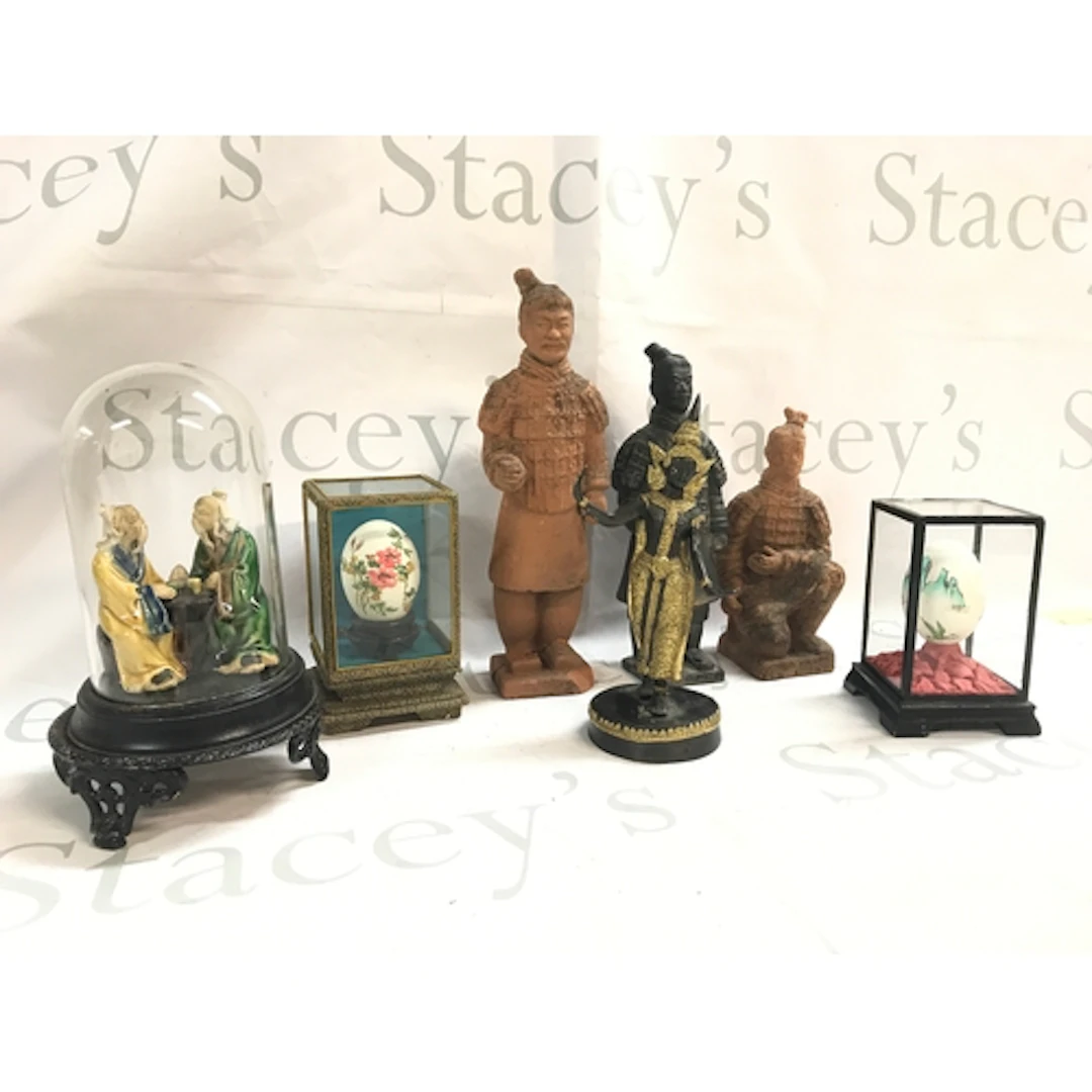 Chinese figures, glass encased painting eggs