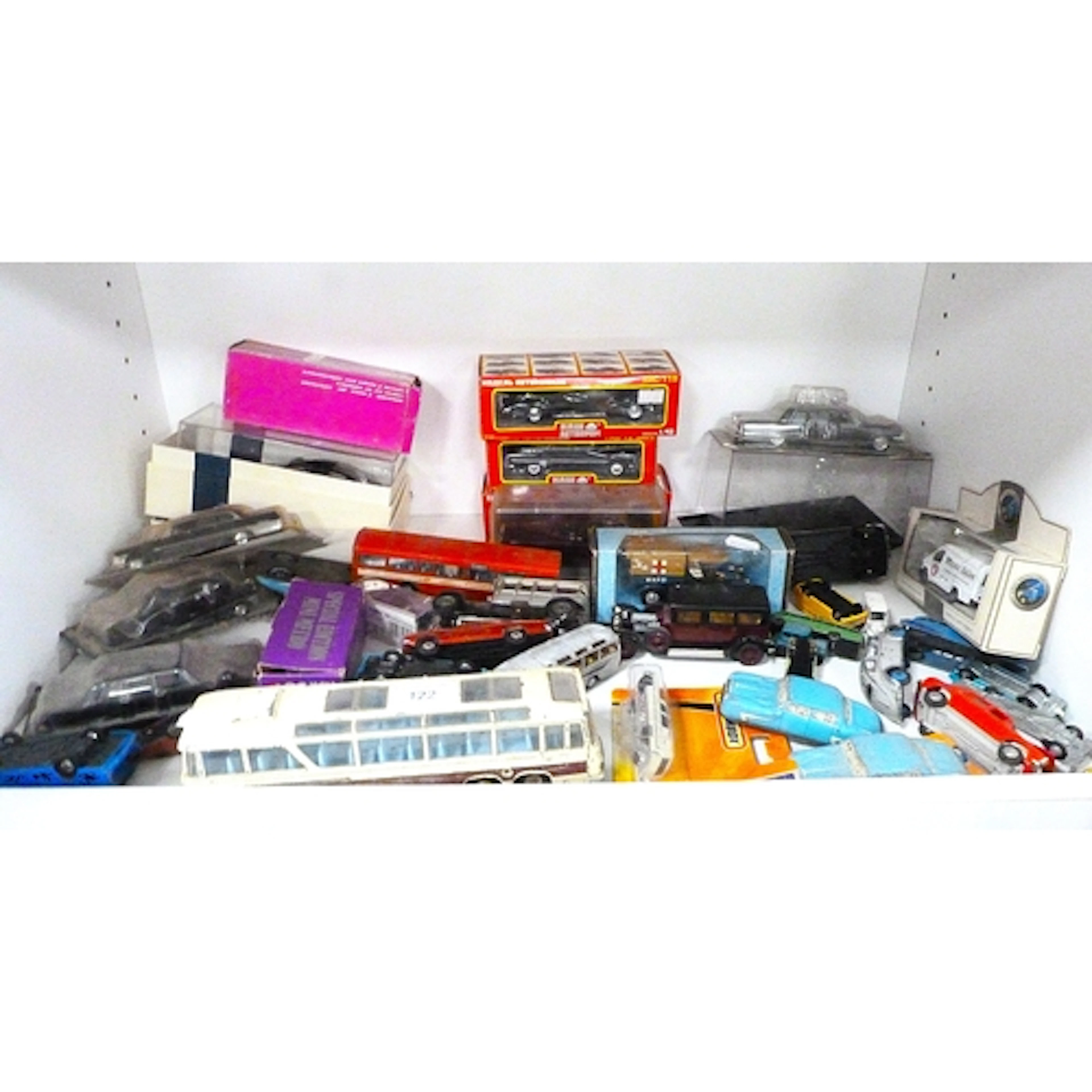Shelf lot of playworn and boxed die-cast model vehicles by M...