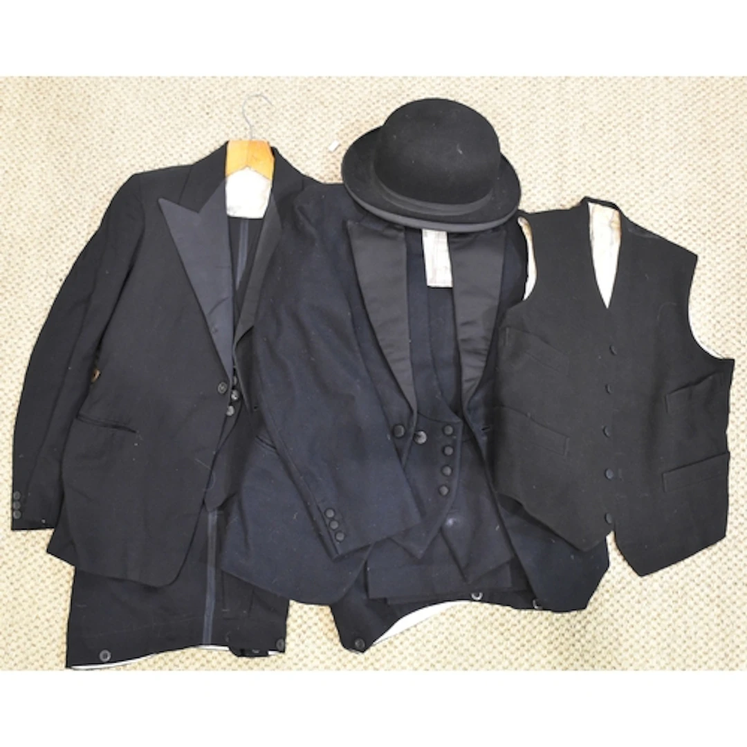 A Freezafit bowler hat, 20 x 16cm, two black serge 3-piece e...