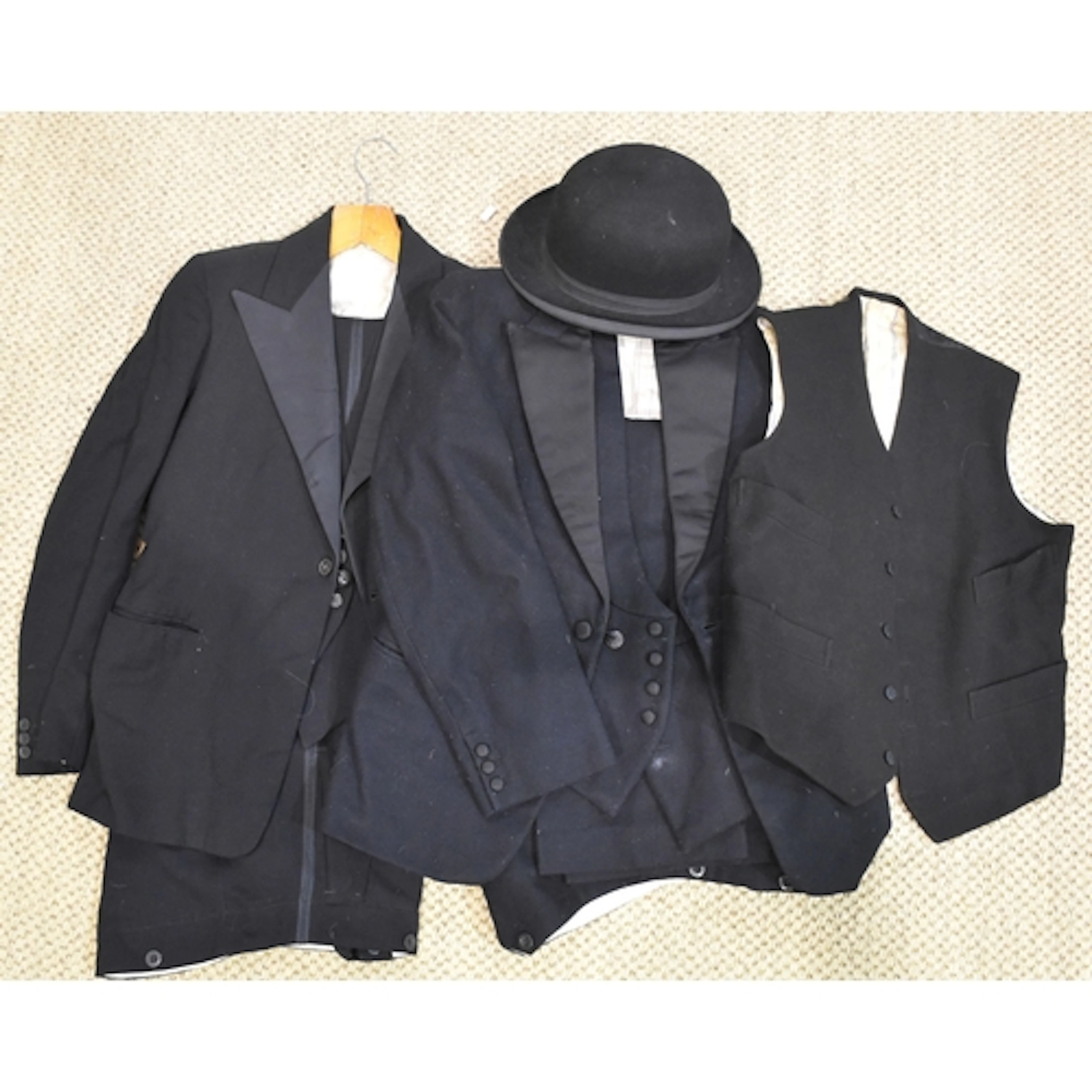 A Freezafit bowler hat, 20 x 16cm, two black serge 3-piece e...