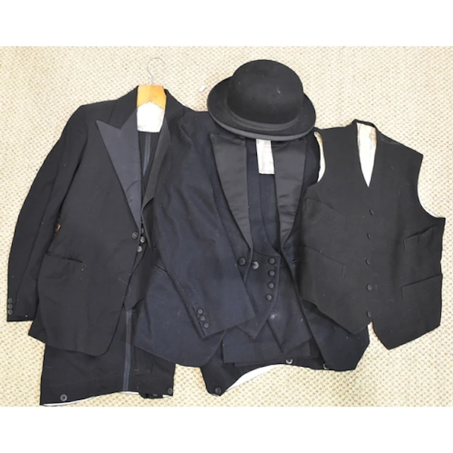 A Freezafit bowler hat, 20 x 16cm, two black serge 3-piece e...