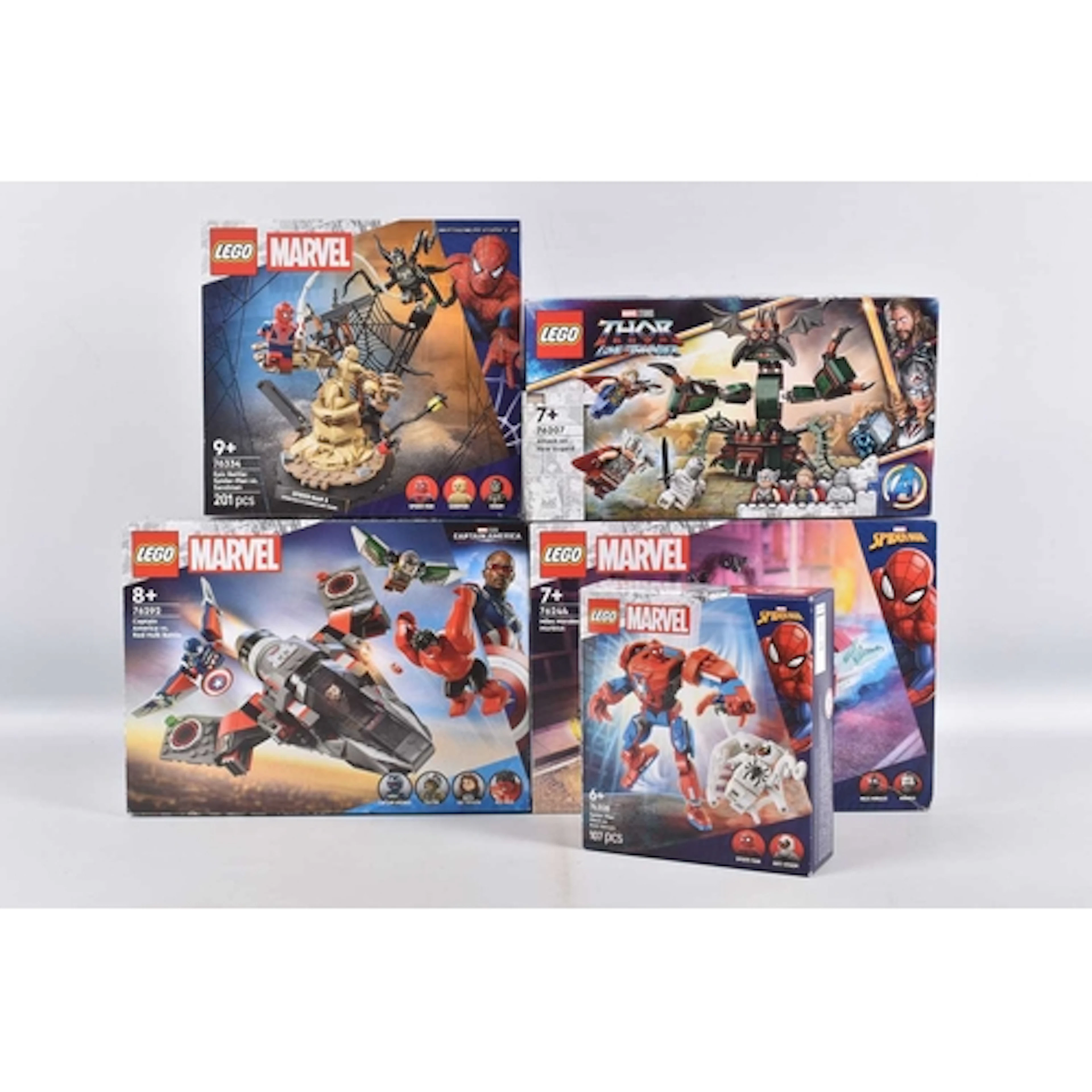 FIVE BOXED AND SEALED LEGO MARVEL SETS, to include Captain A...