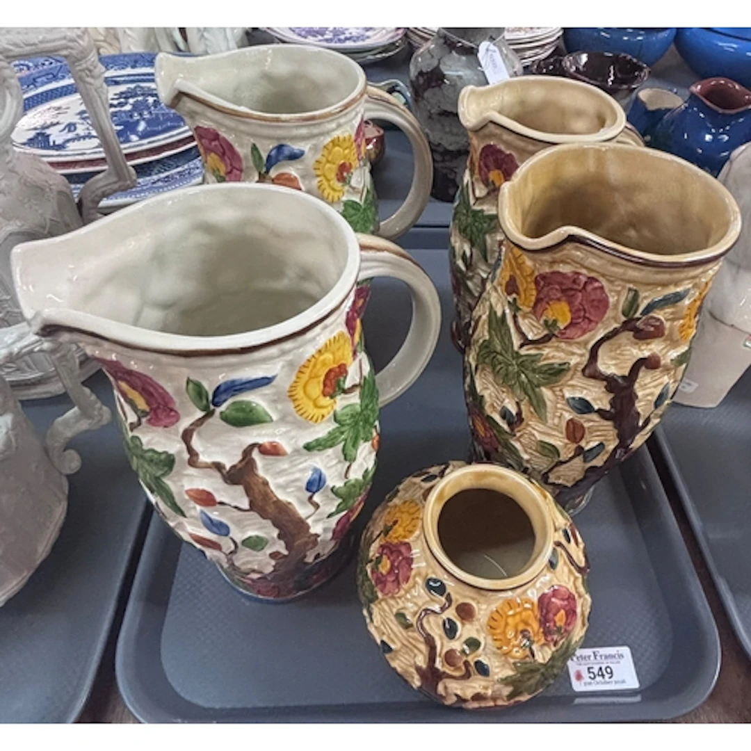 Tray of 'Indian Tree' design Staffordshire jugs by H.J. Wood...