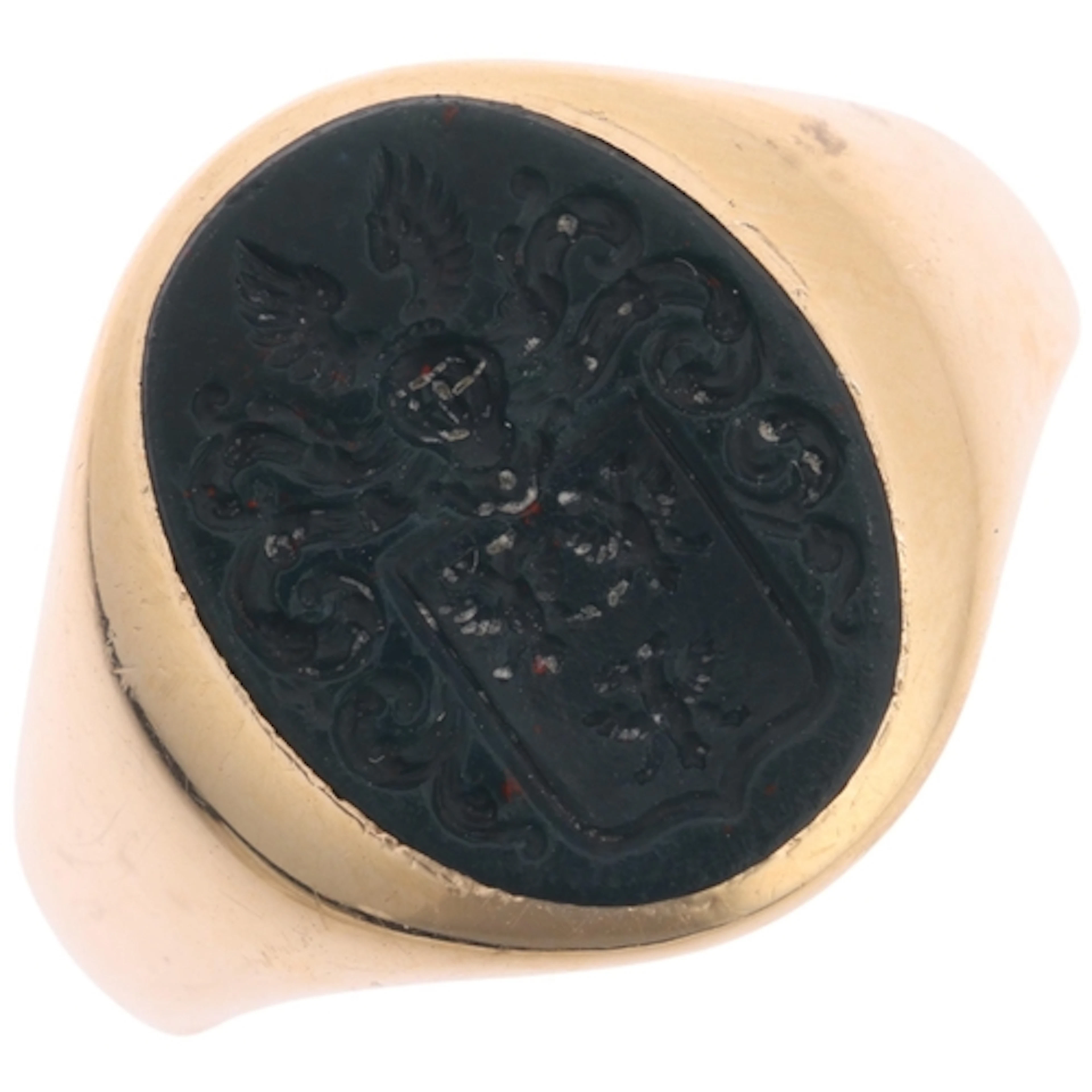 An Antique 18ct gold bloodstone armorial seal signet ring, t...