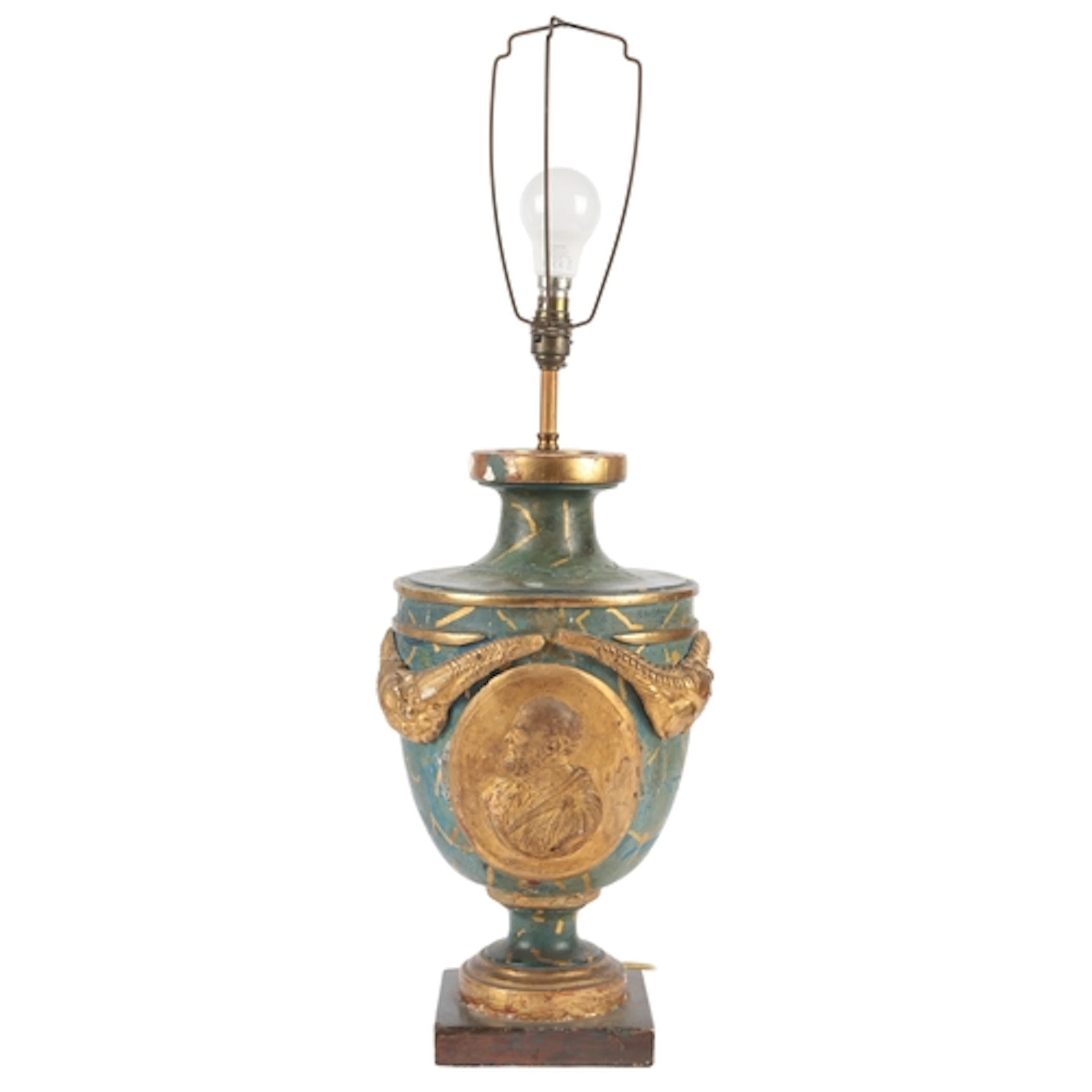 A Neoclassical painted plaster urn, adapted as a table lamp,...