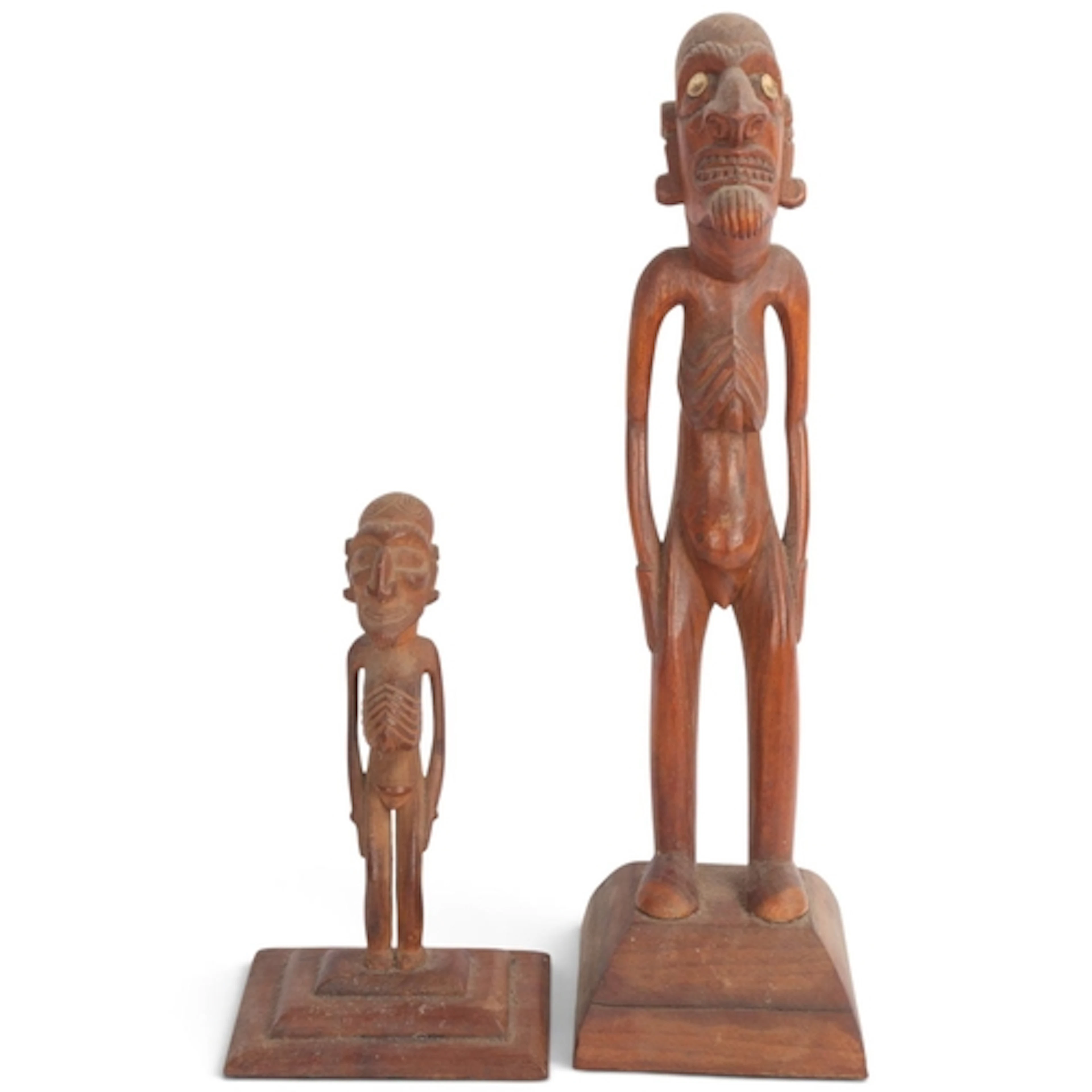 2 Easter Island Moai kavakava ancestor figures, carved wood,...