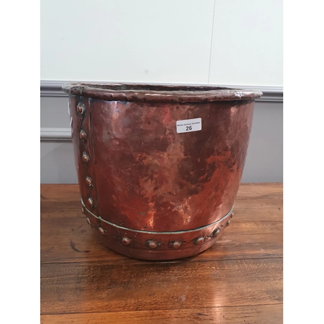 A riveted Copper log bin, 1ft H 1ft 3" D, (R3).