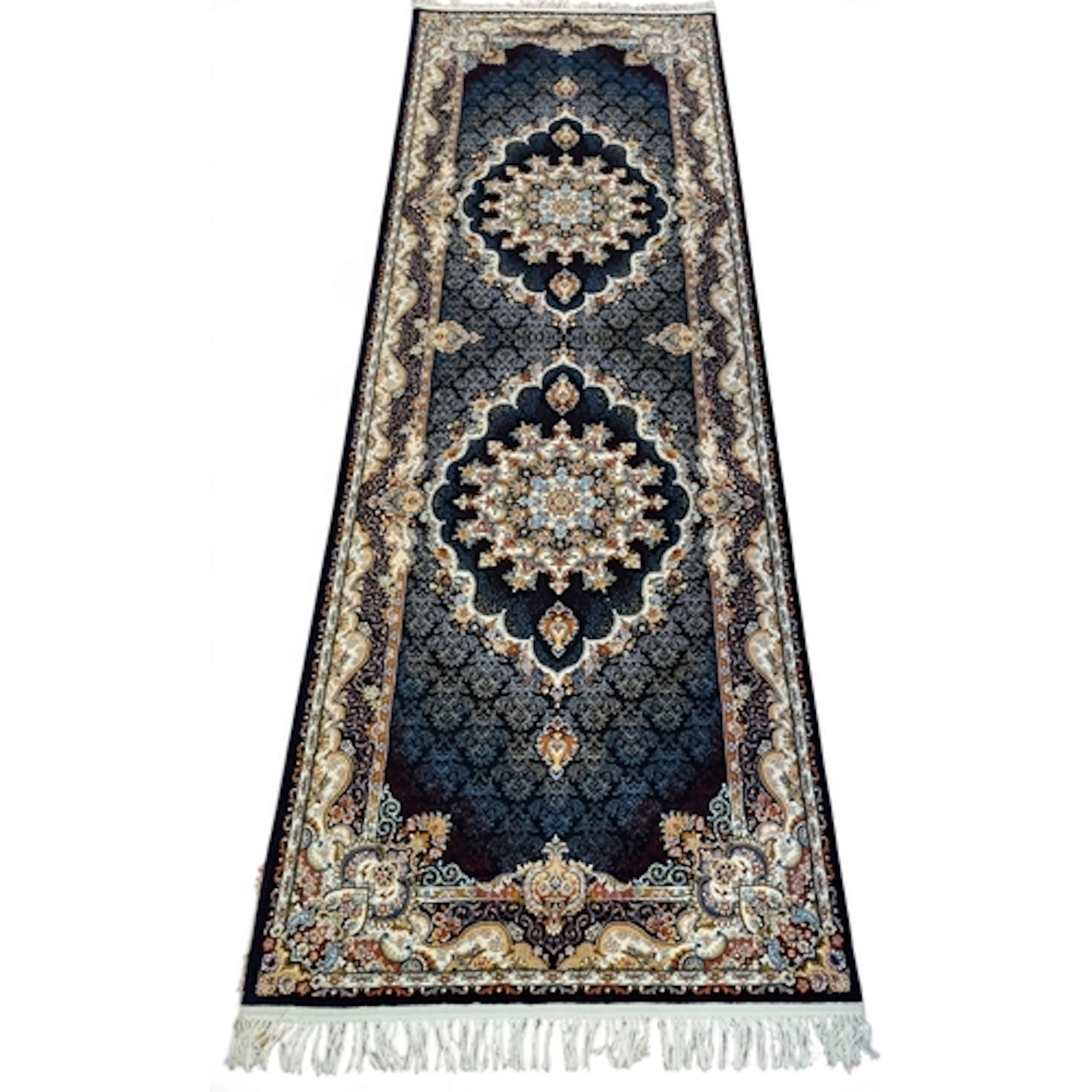 A deep pile Iranian Runner with blue ground and a central me...