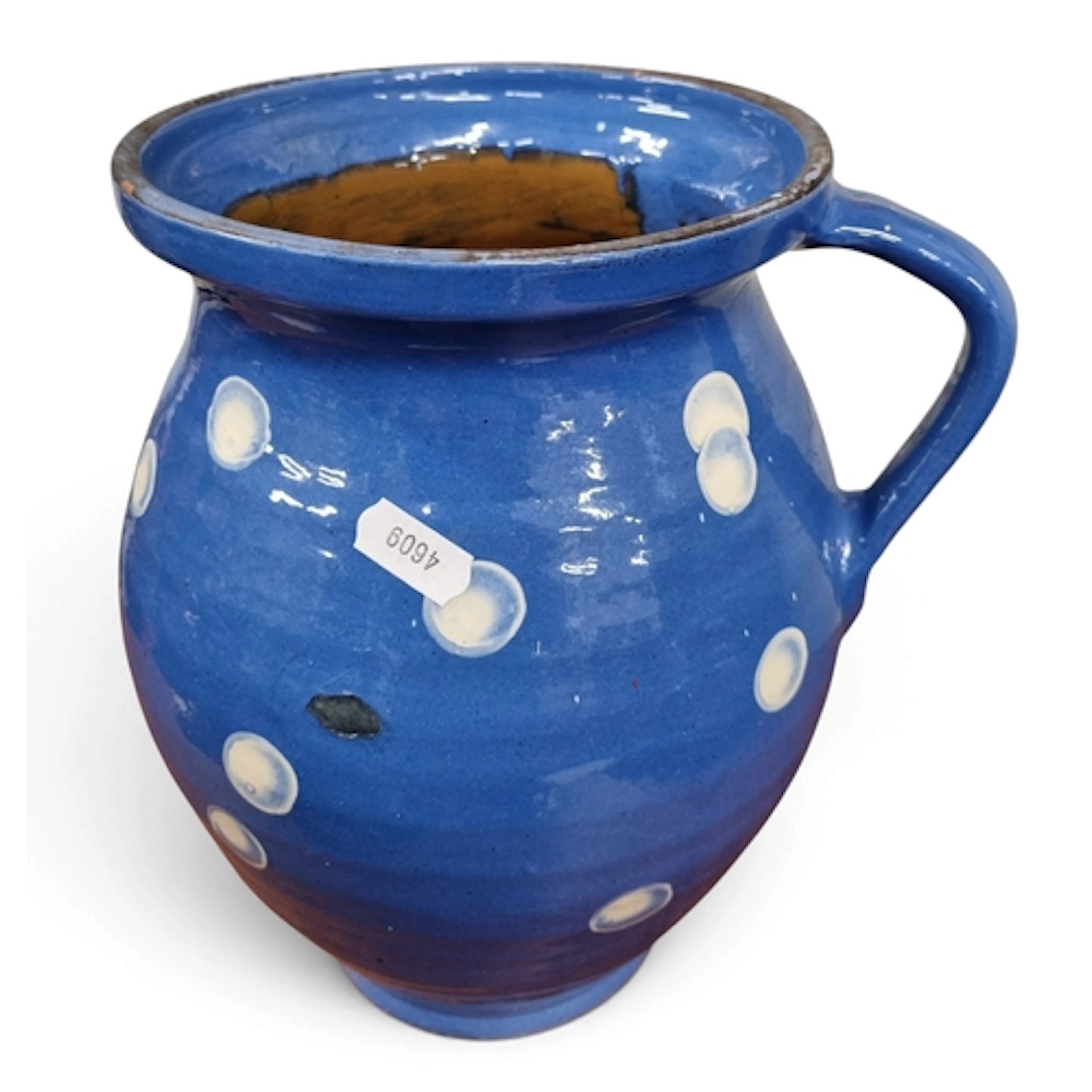 A vintage French polka dot heavy glazed Pitcher of large siz...