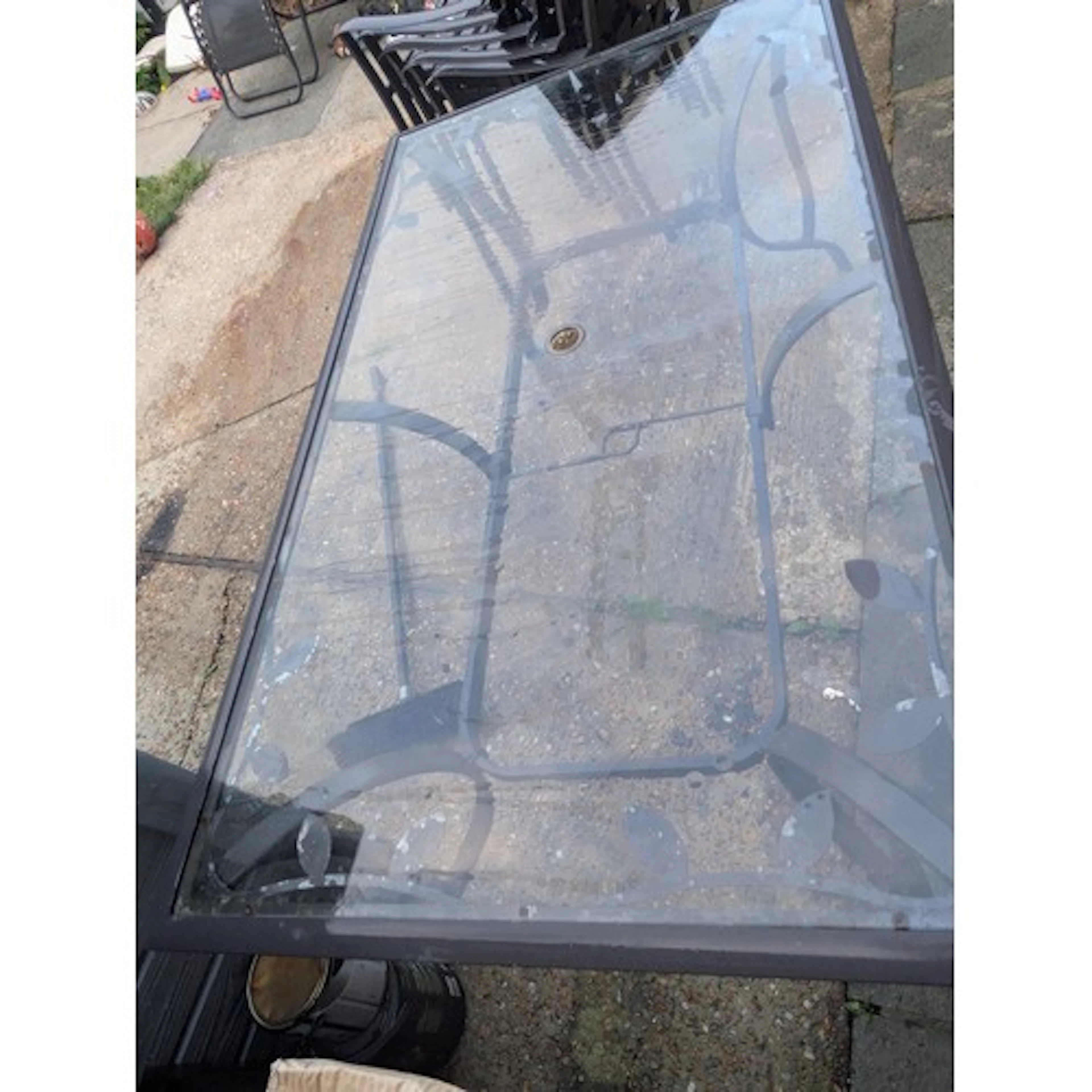 Black iron glass topped garden table & 5 chairs (6) 170cm L ...