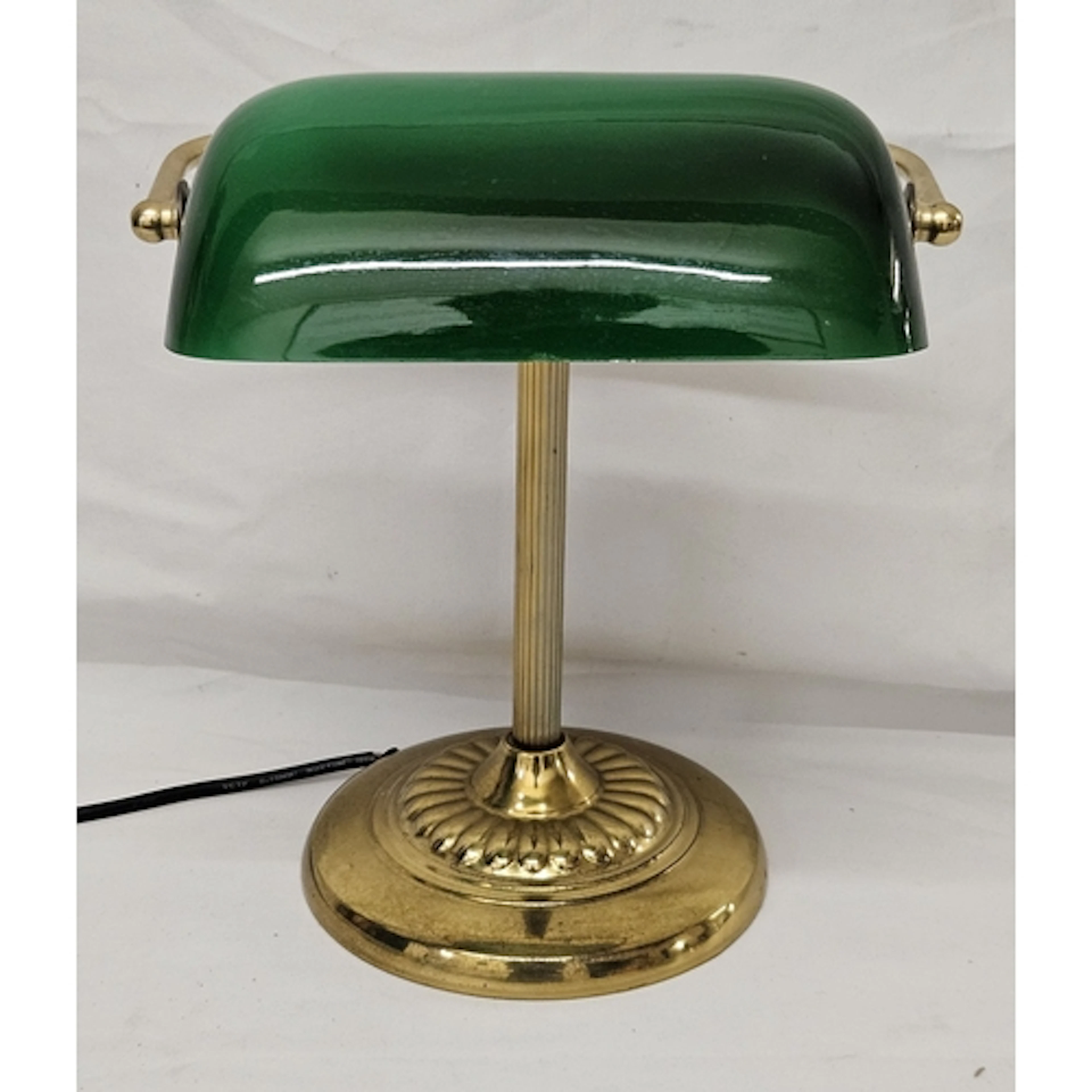 Brass & Green Glass Shaded Bankers Style Desk Lamp on circul...