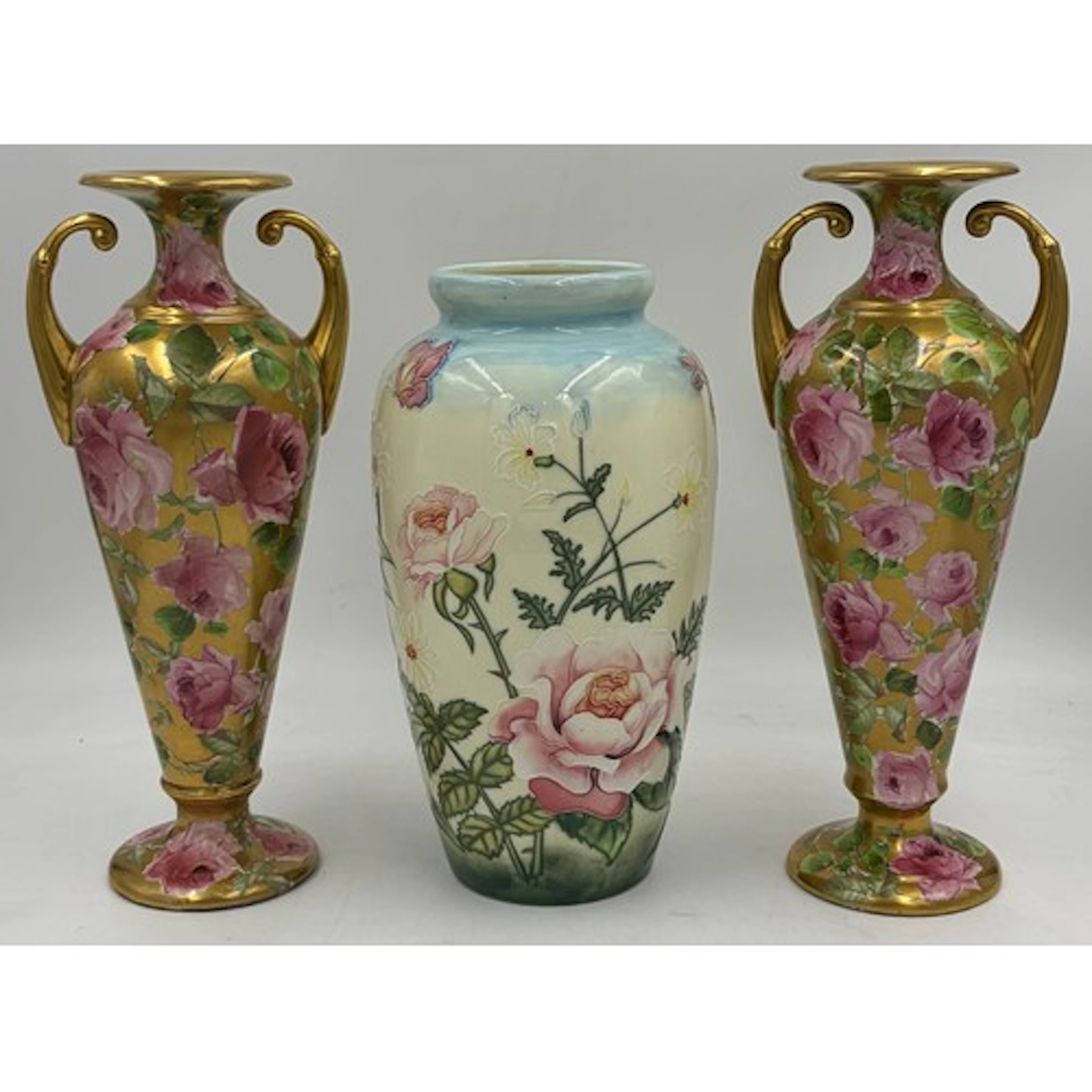 Old Tupton Ware tube-lined vase with foxglove, rose and peon...