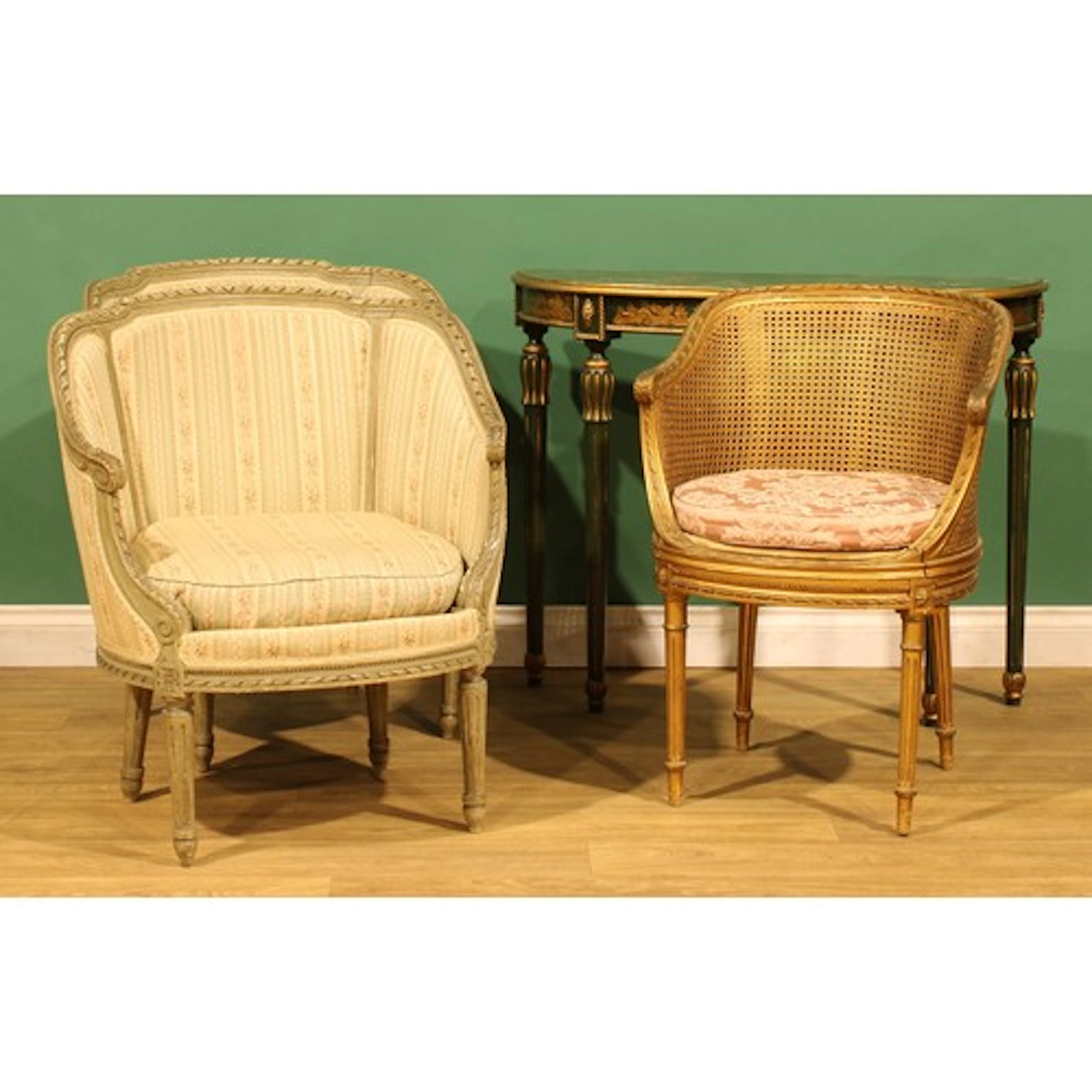 A pair of Louis XVI style bergères en gondole, 82cm high, 71...