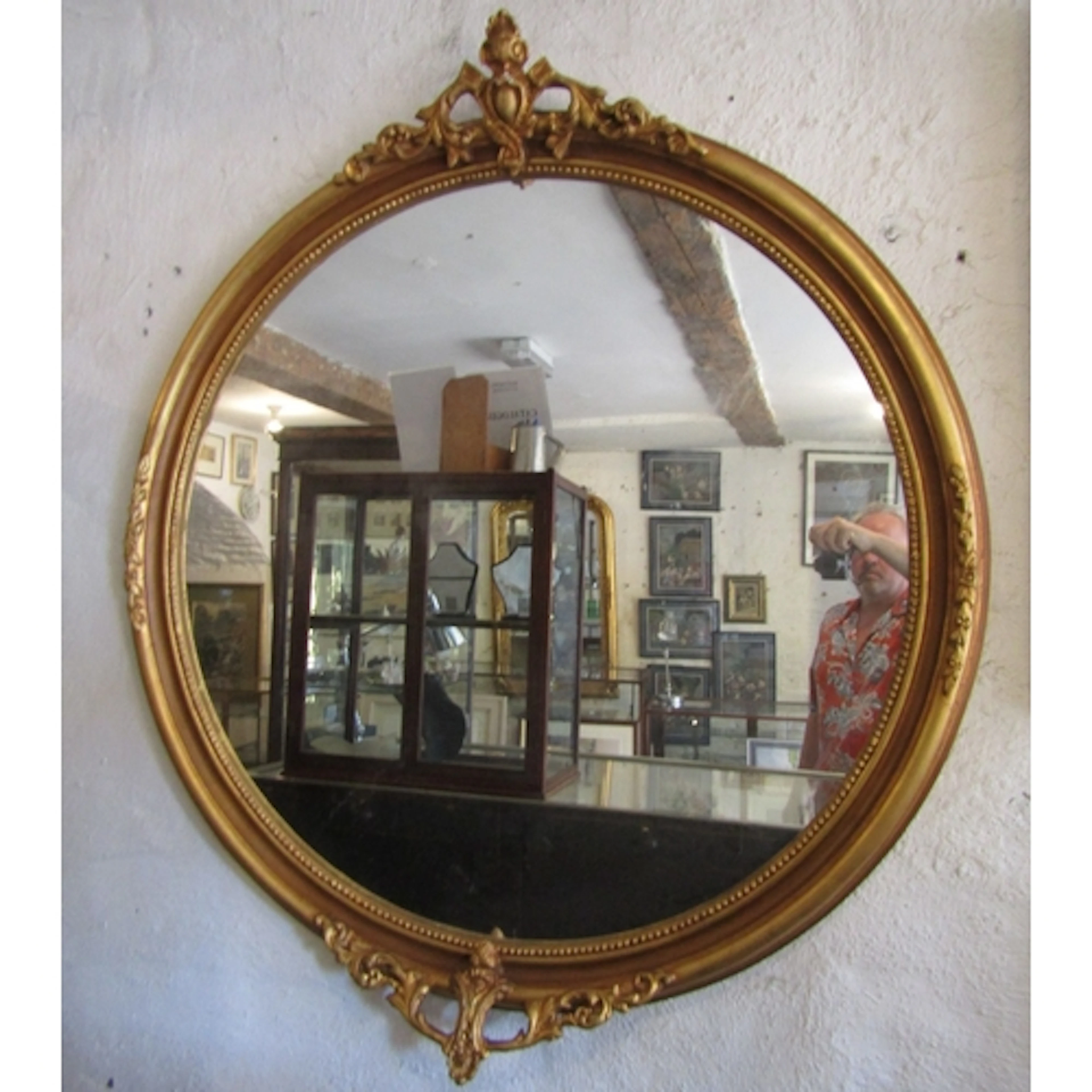 Large Circular Form Gilded Wall Mirror Upper Cartouche Decor...