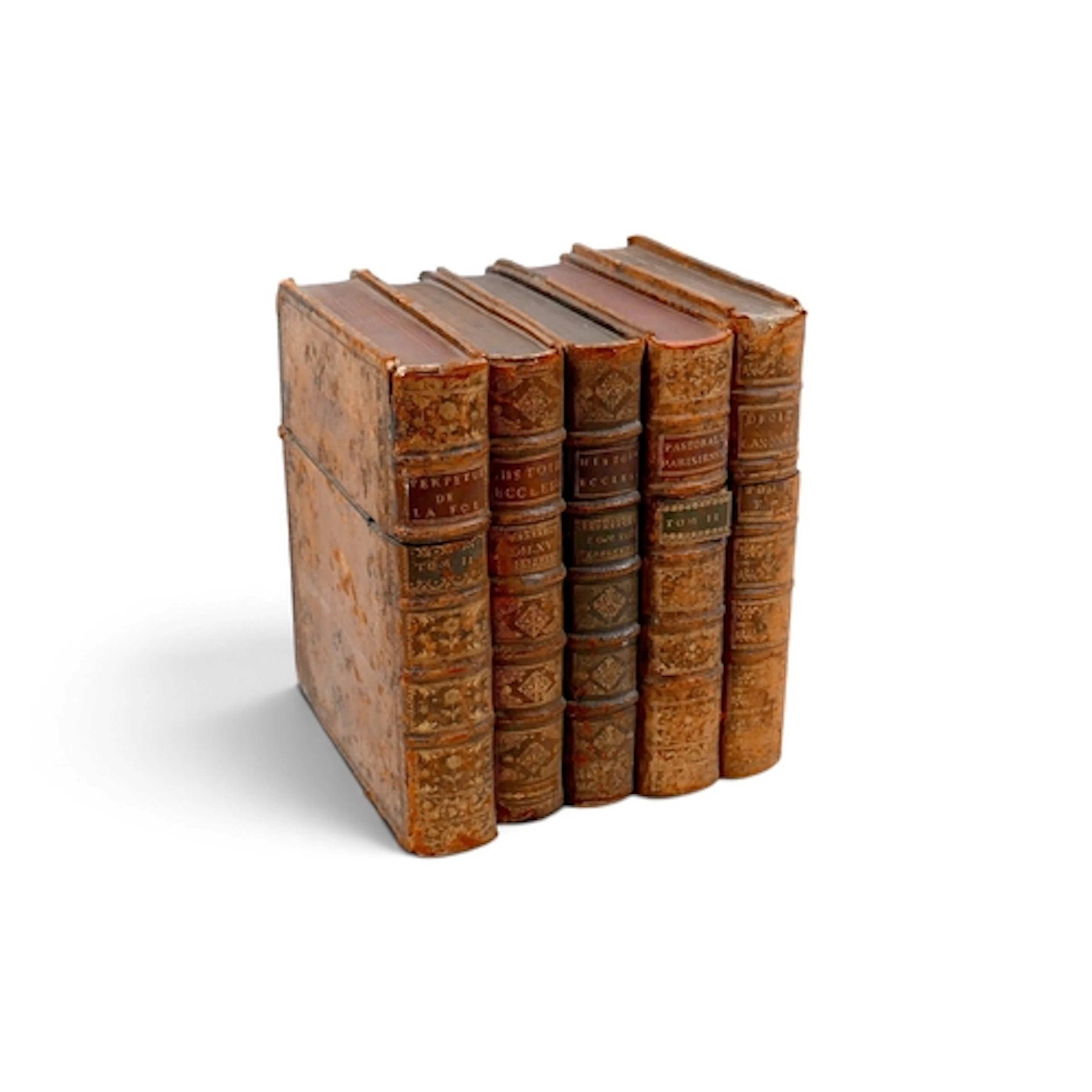 A FRENCH FAUX LEATHER BOOK BOUND DECANTER SET. with two clea...