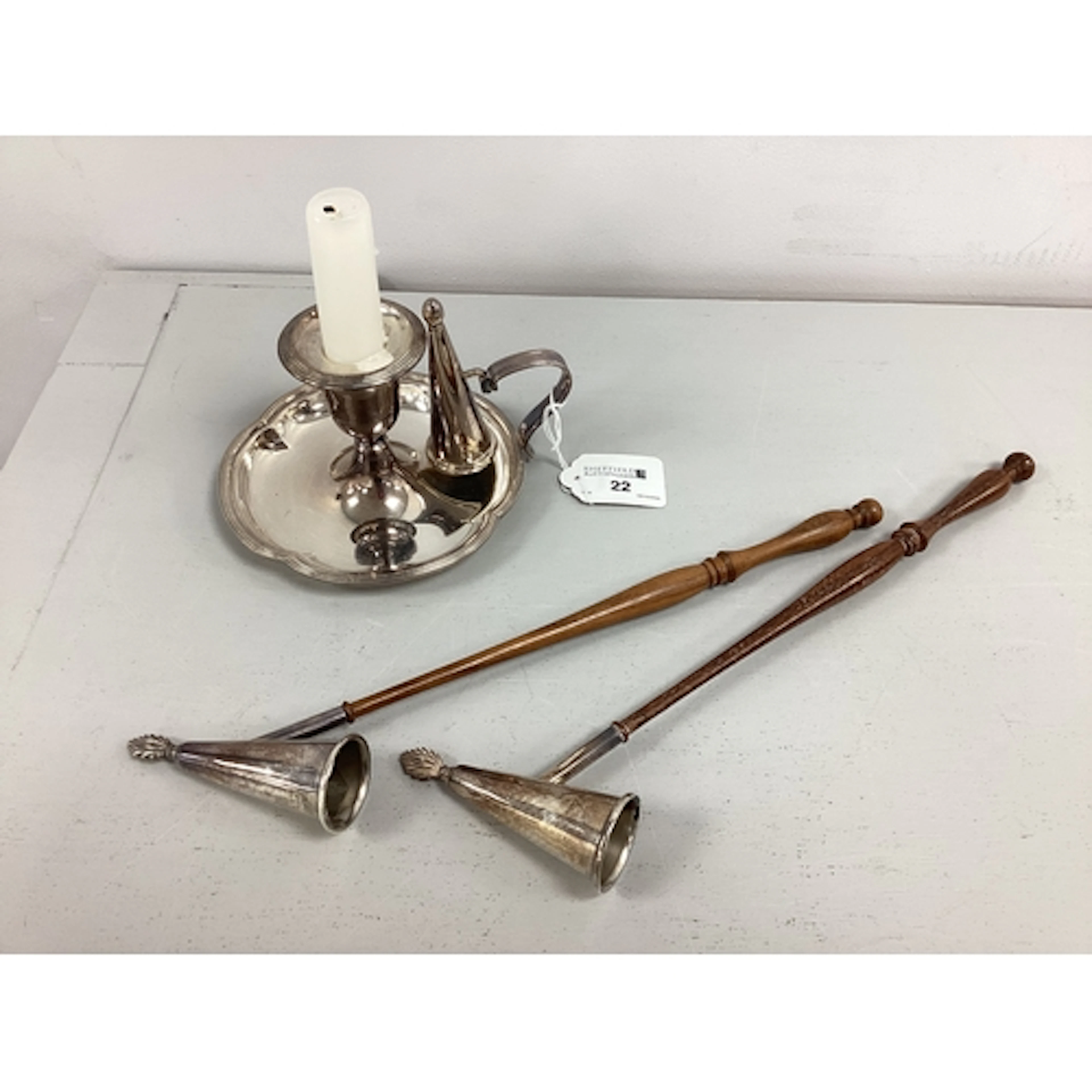 Two Hallmarked Silver Candle Snuffers, each with long turned...