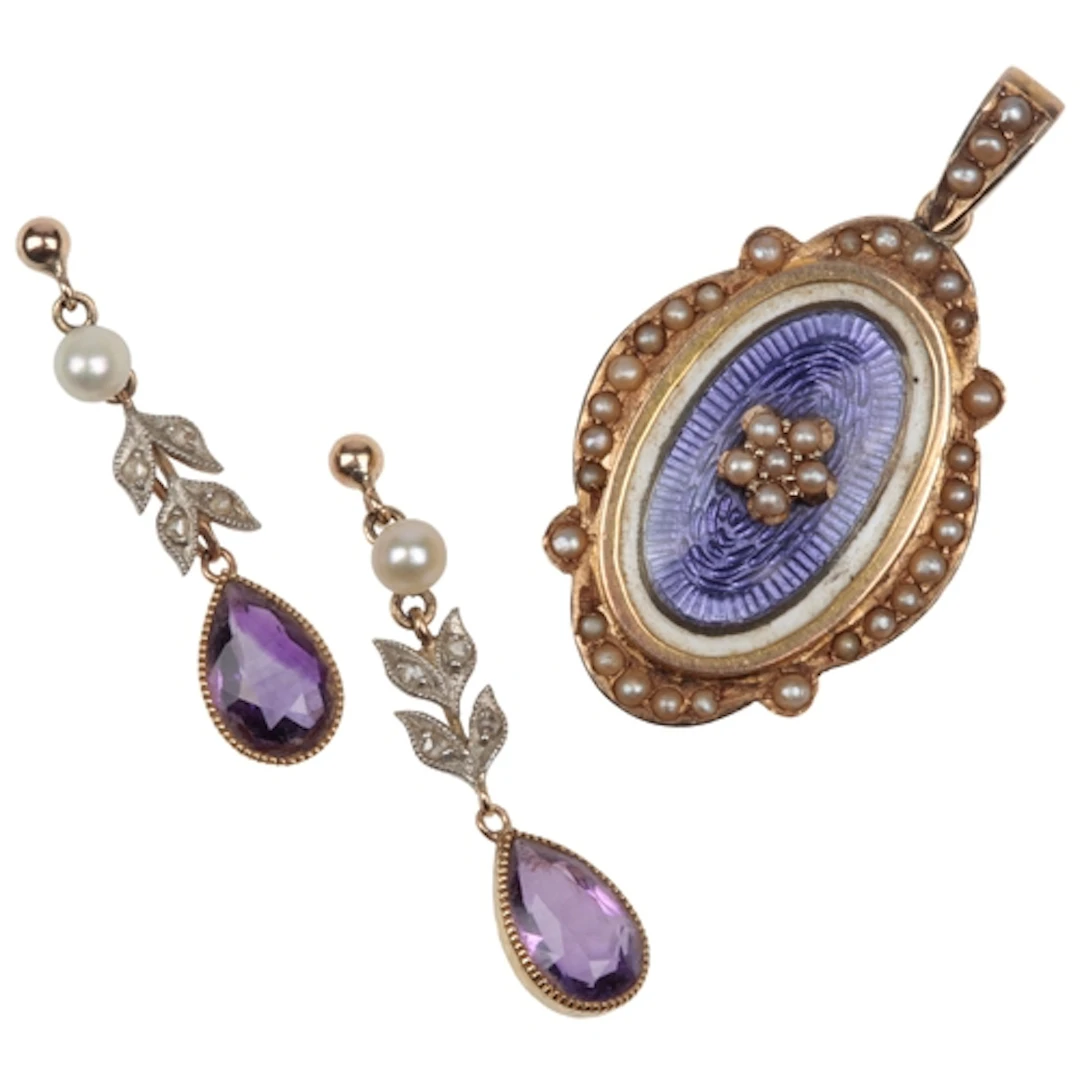 A pair of Edwardian amethyst earrings and an enamel and seed...