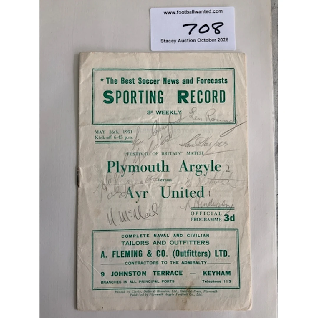 50/51 Plymouth v Ayr Utd Signed Football Programme: Festival...