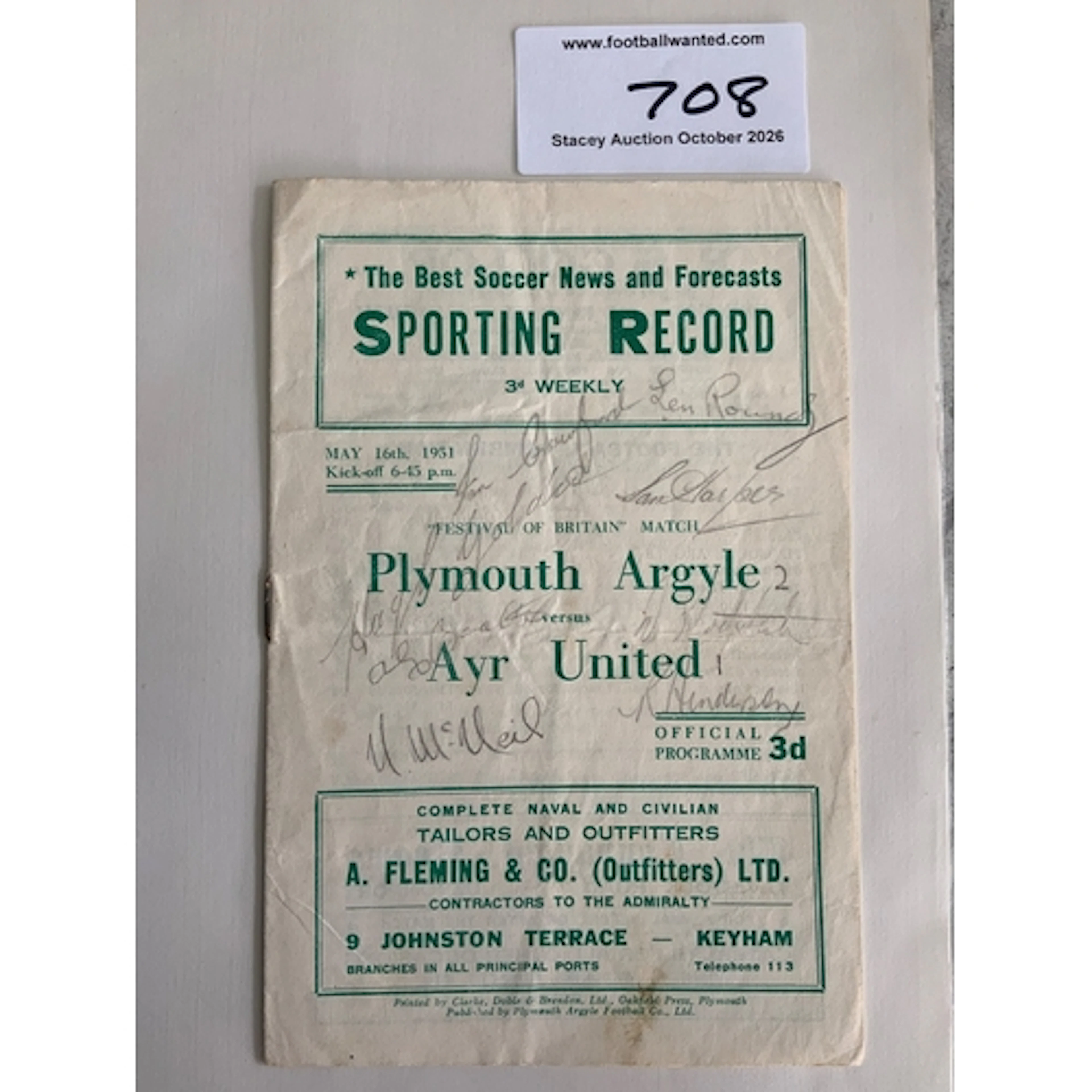 50/51 Plymouth v Ayr Utd Signed Football Programme: Festival...