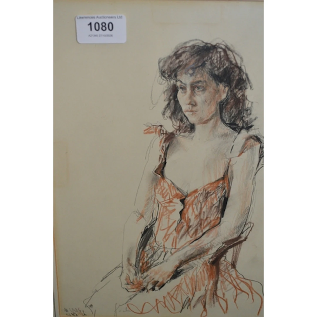 Valery Gridnev, pencil and crayon, portrait of a seated girl...