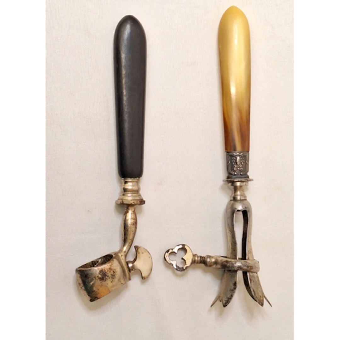 2 Vintage Leg of Ham Holders, 1 with mother of pearl bone st...