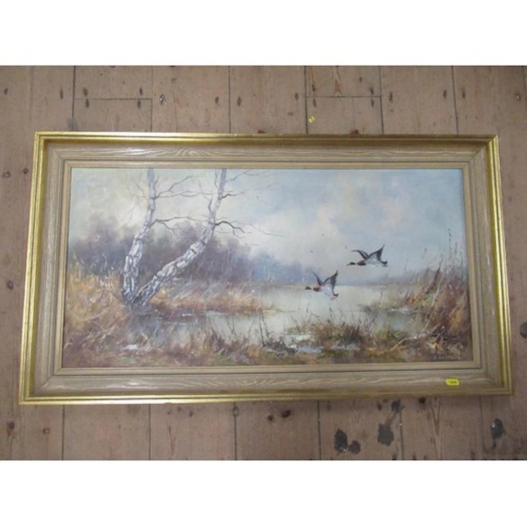 H.Hartung, oil on canvas, ducks in flight, 16ins x 32ins