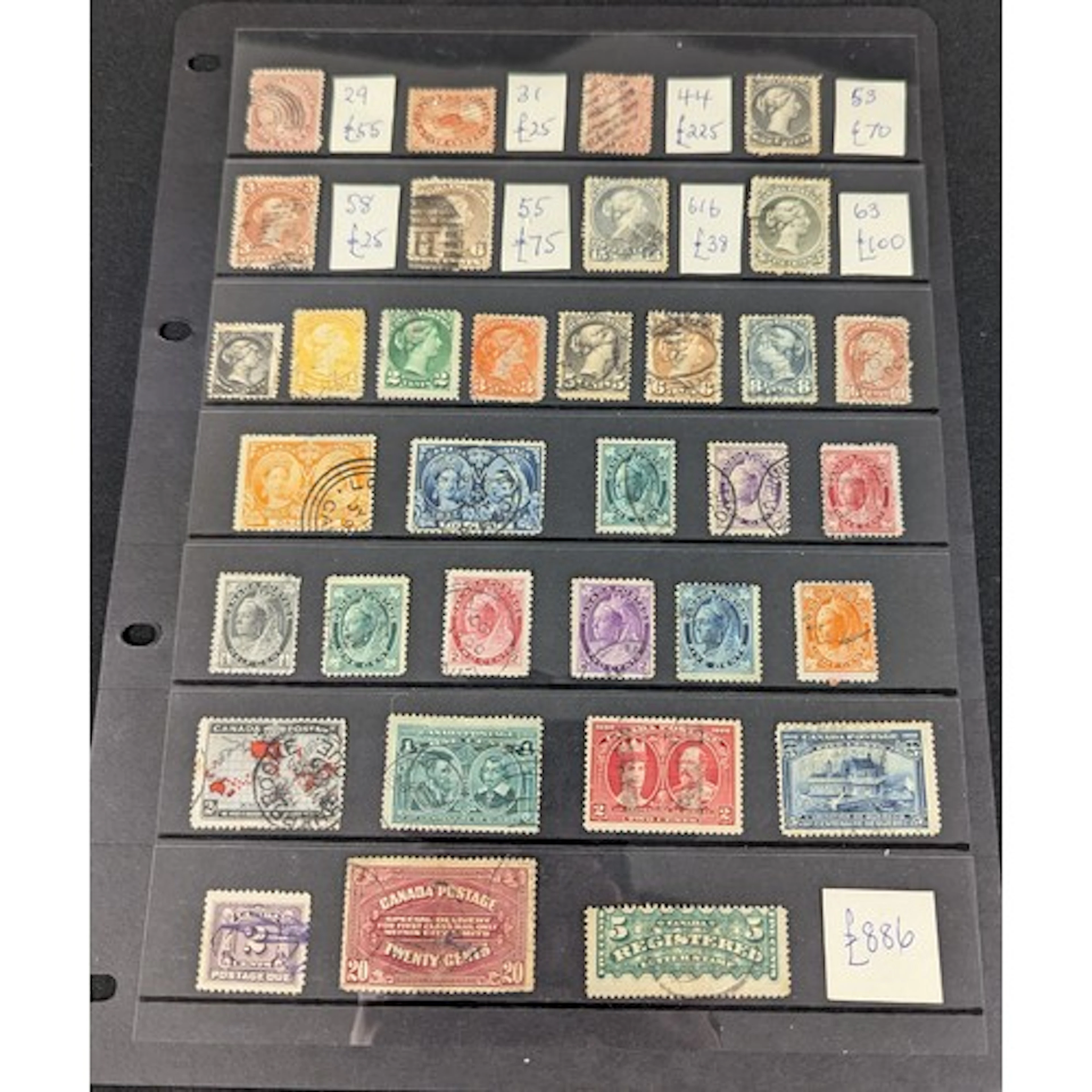 Stamps : Stocksheet of early used Canadian stamps c £ 886