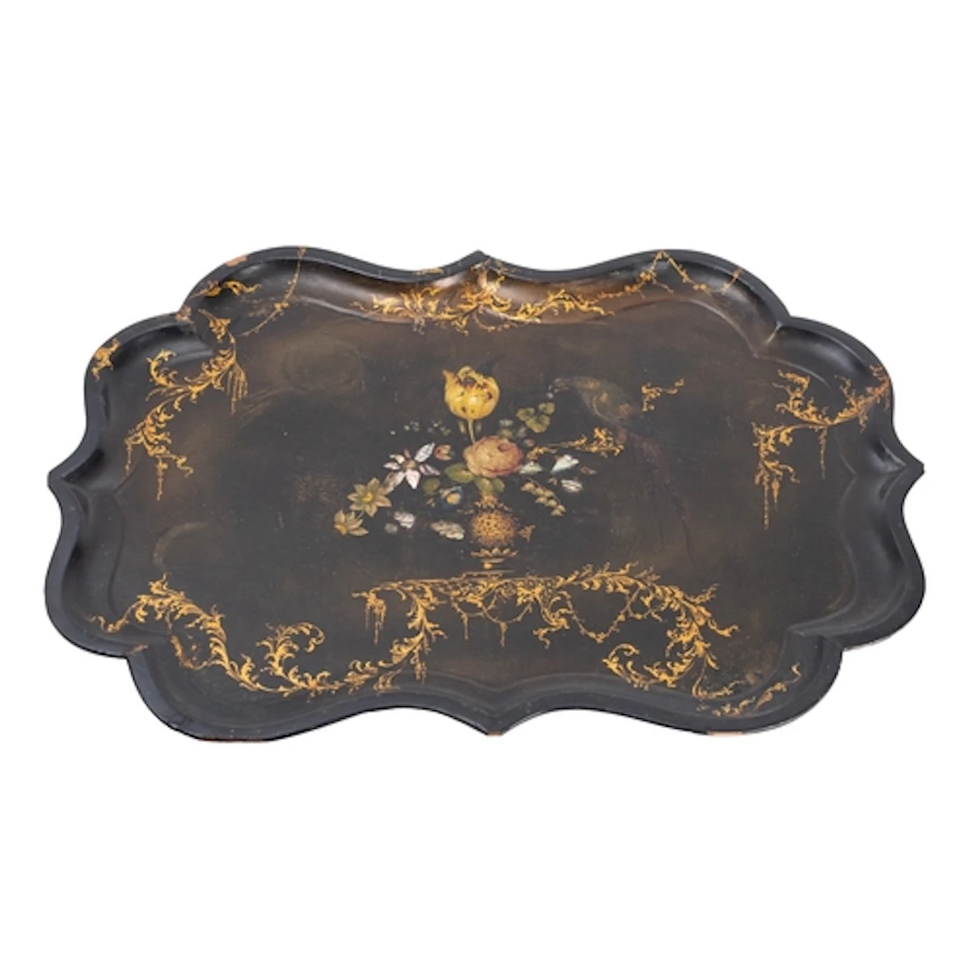A Victorian black papier-mâché tray, circa 1860; of cartouch...