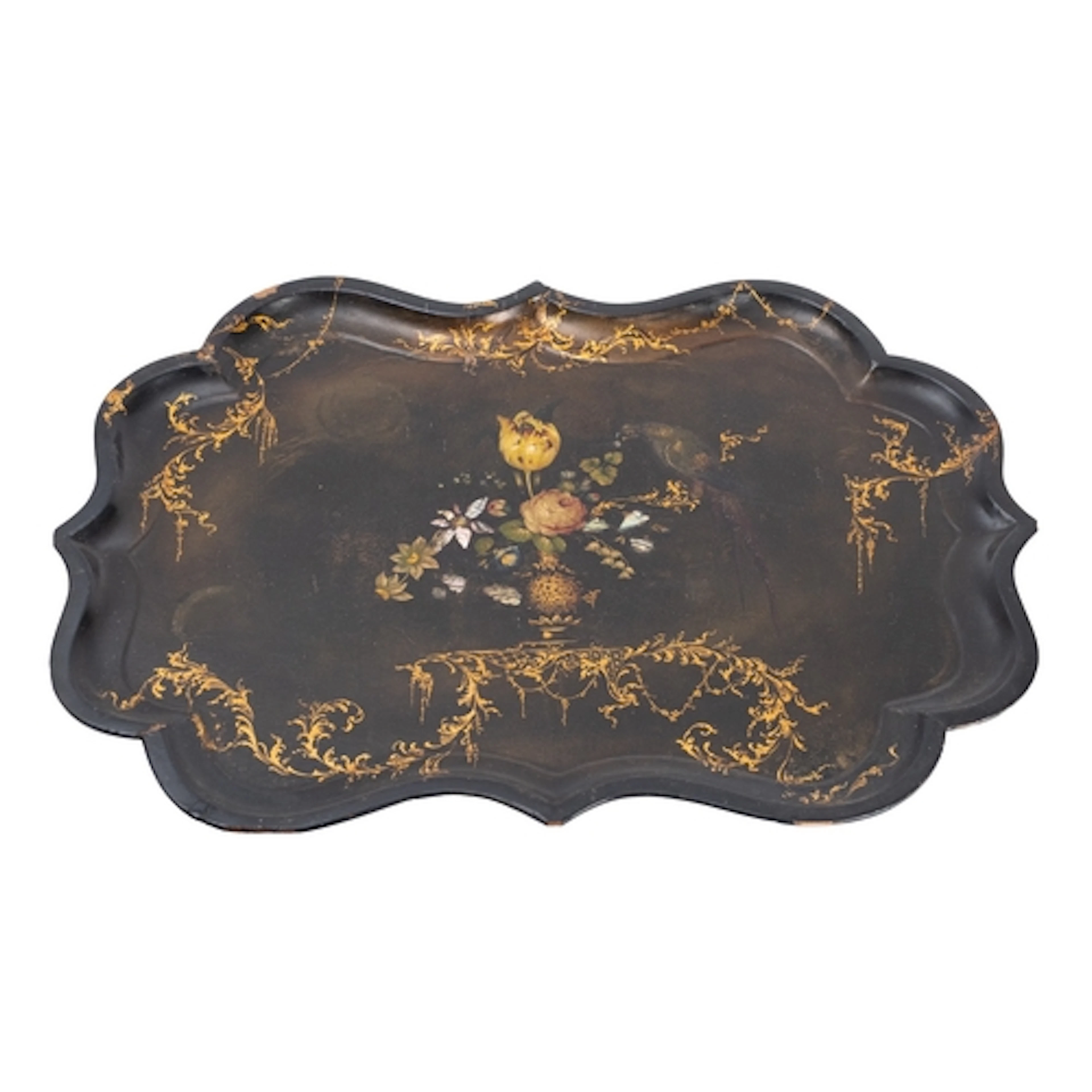A Victorian black papier-mâché tray, circa 1860; of cartouch...