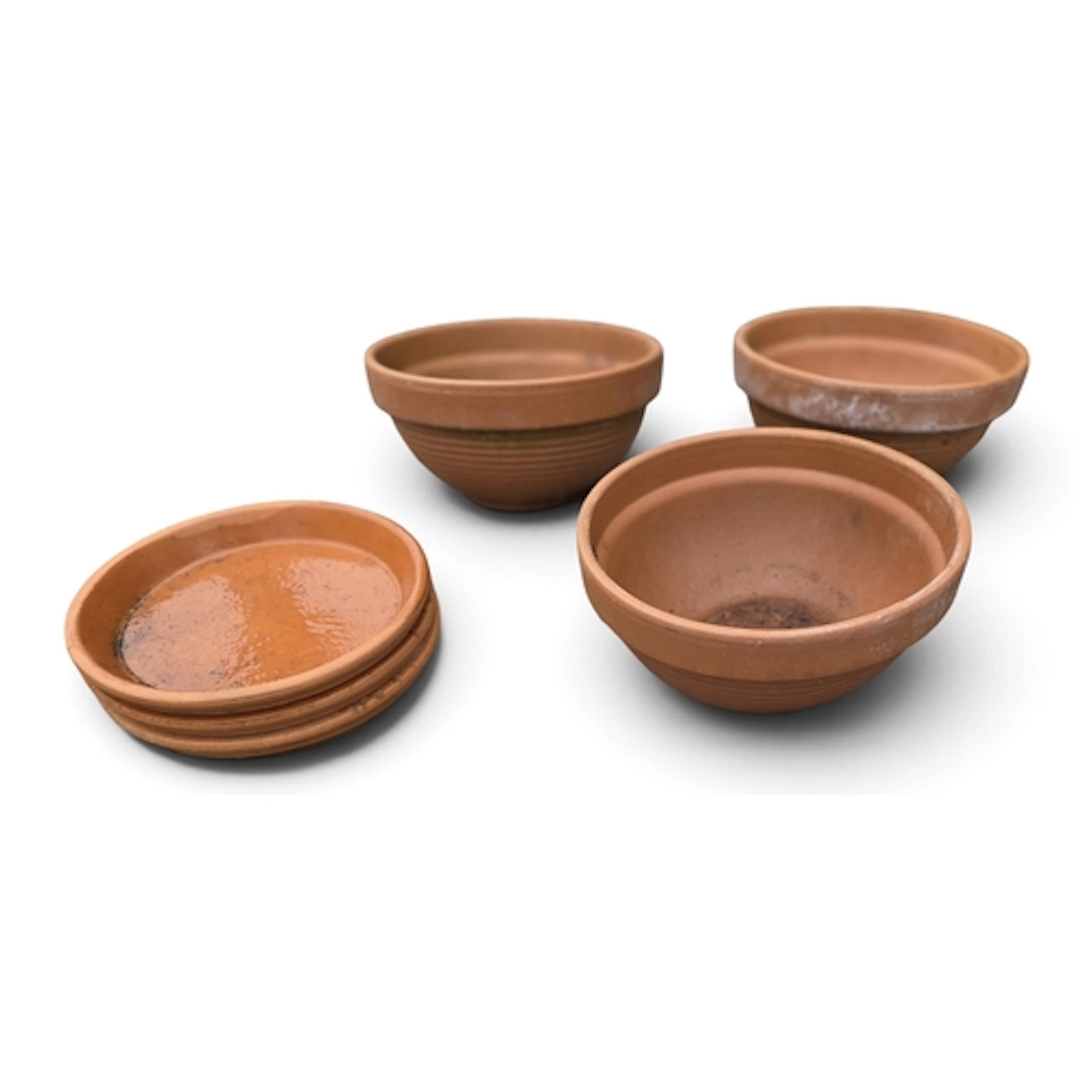 A set of three Terracotta Pots and drip trays. D 23 x H 12 c...