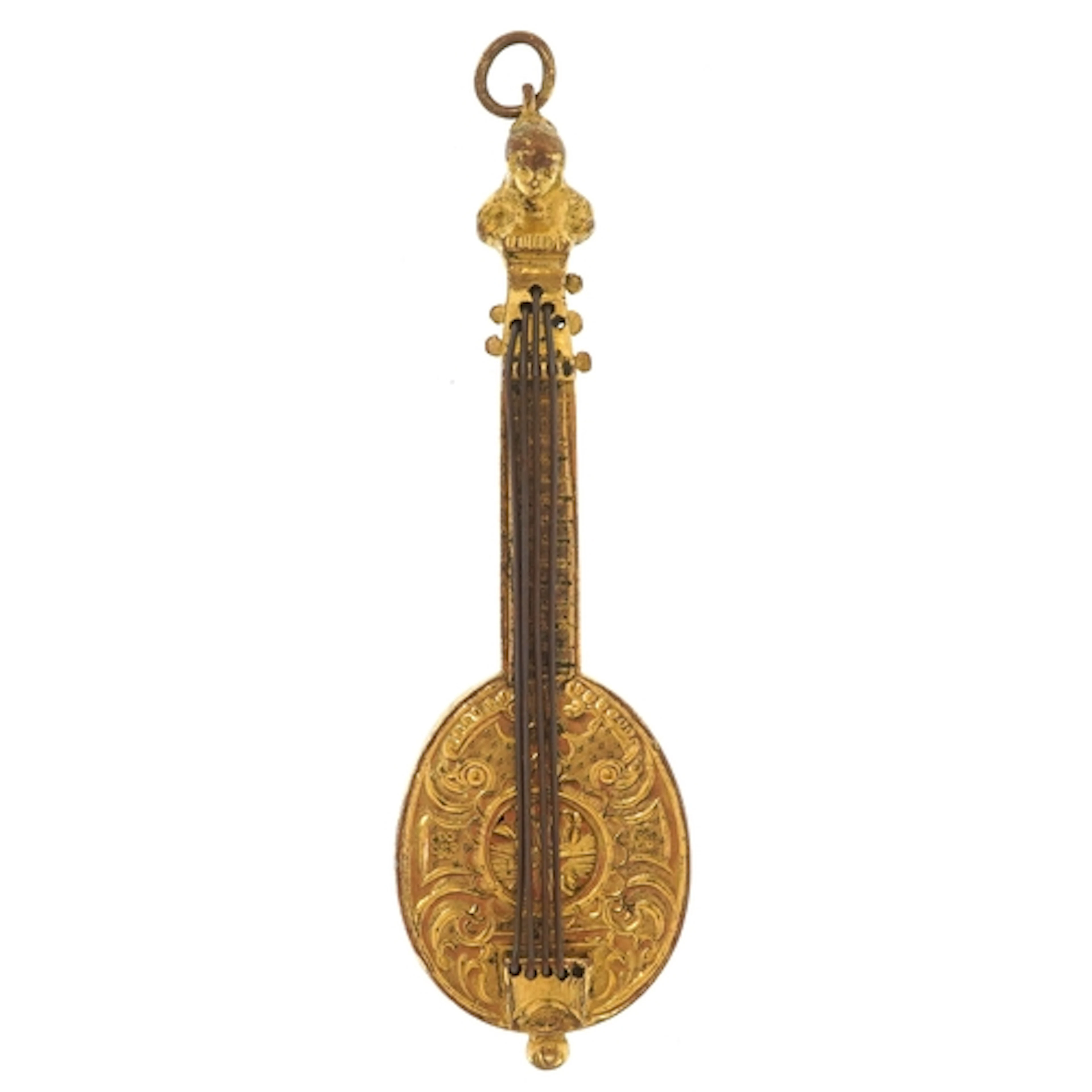 An antique gilt metal vinaigrette pendant in the form of a m...
