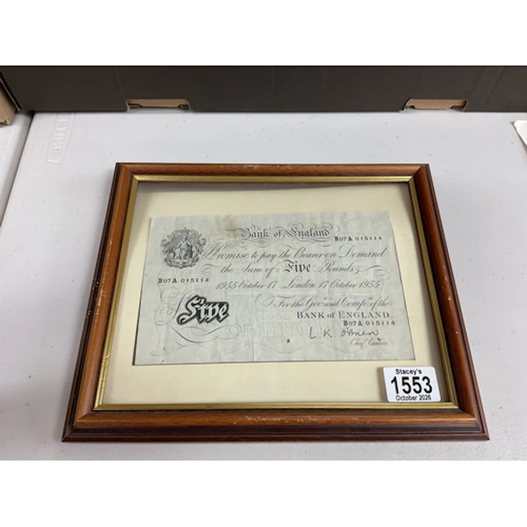 Framed and glazed 1955 L K OBrien white fiver.