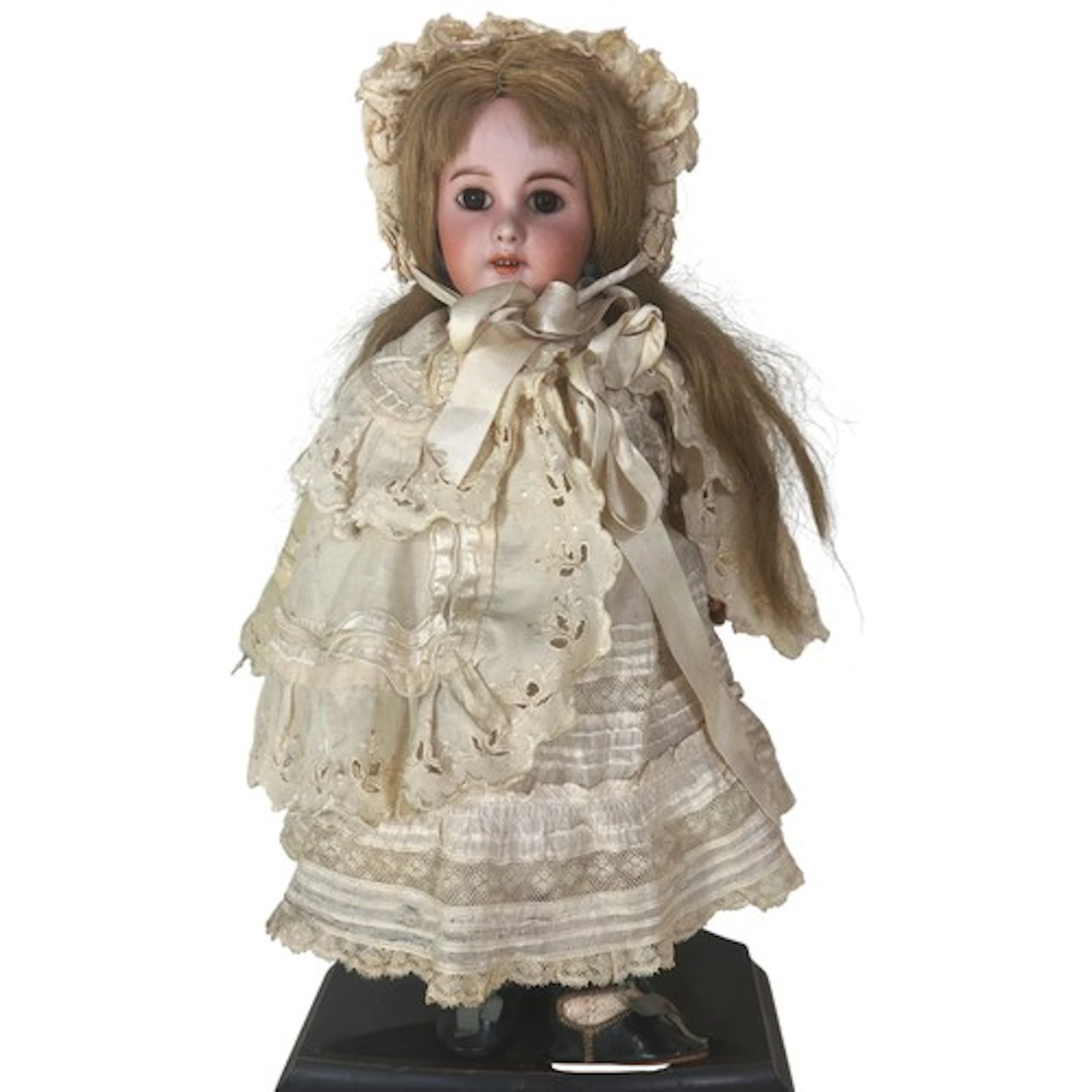 A Tete Jumeau open mouth bisque headed doll, original clothe...