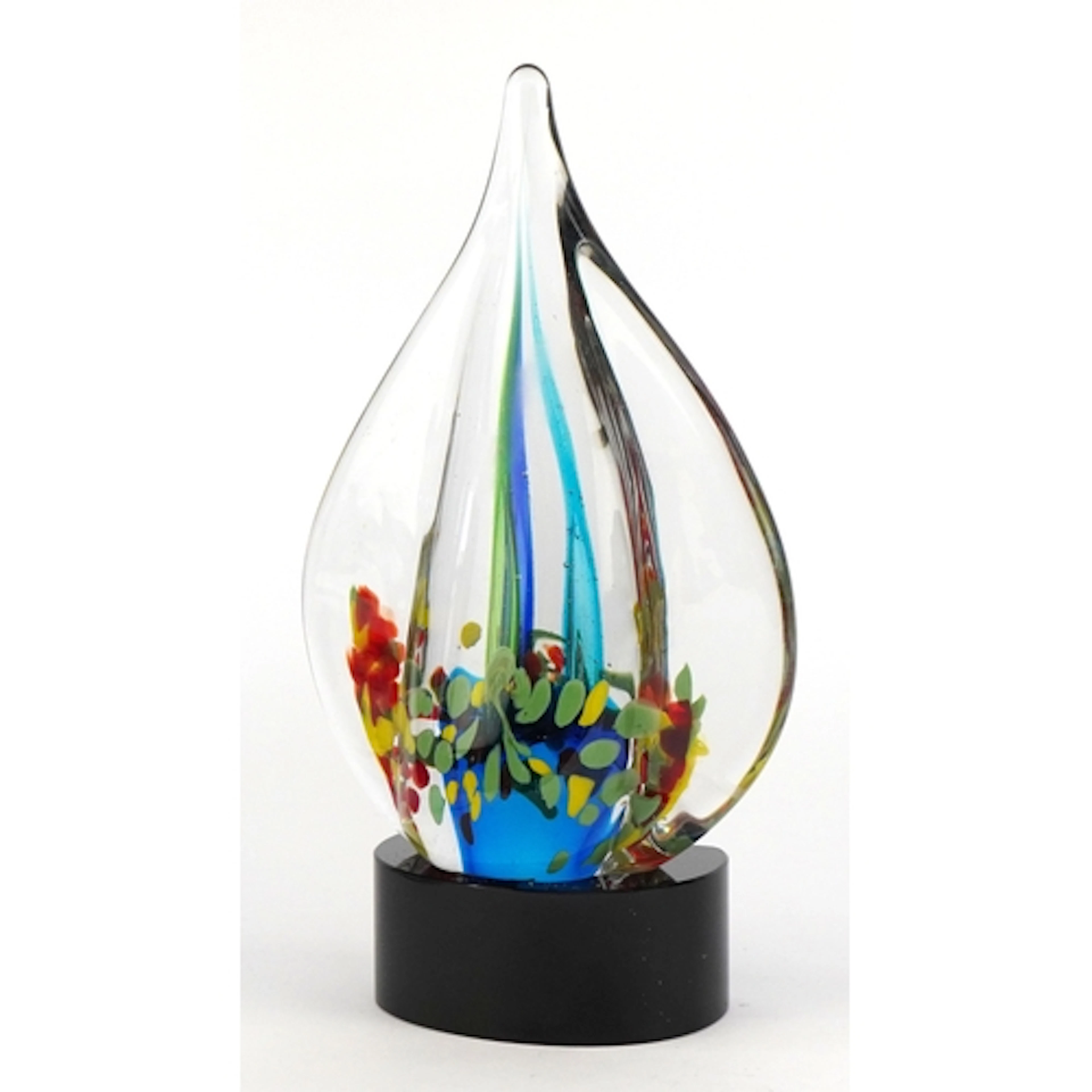 Colourful glass sculpture raised on a black glass base, 31cm...