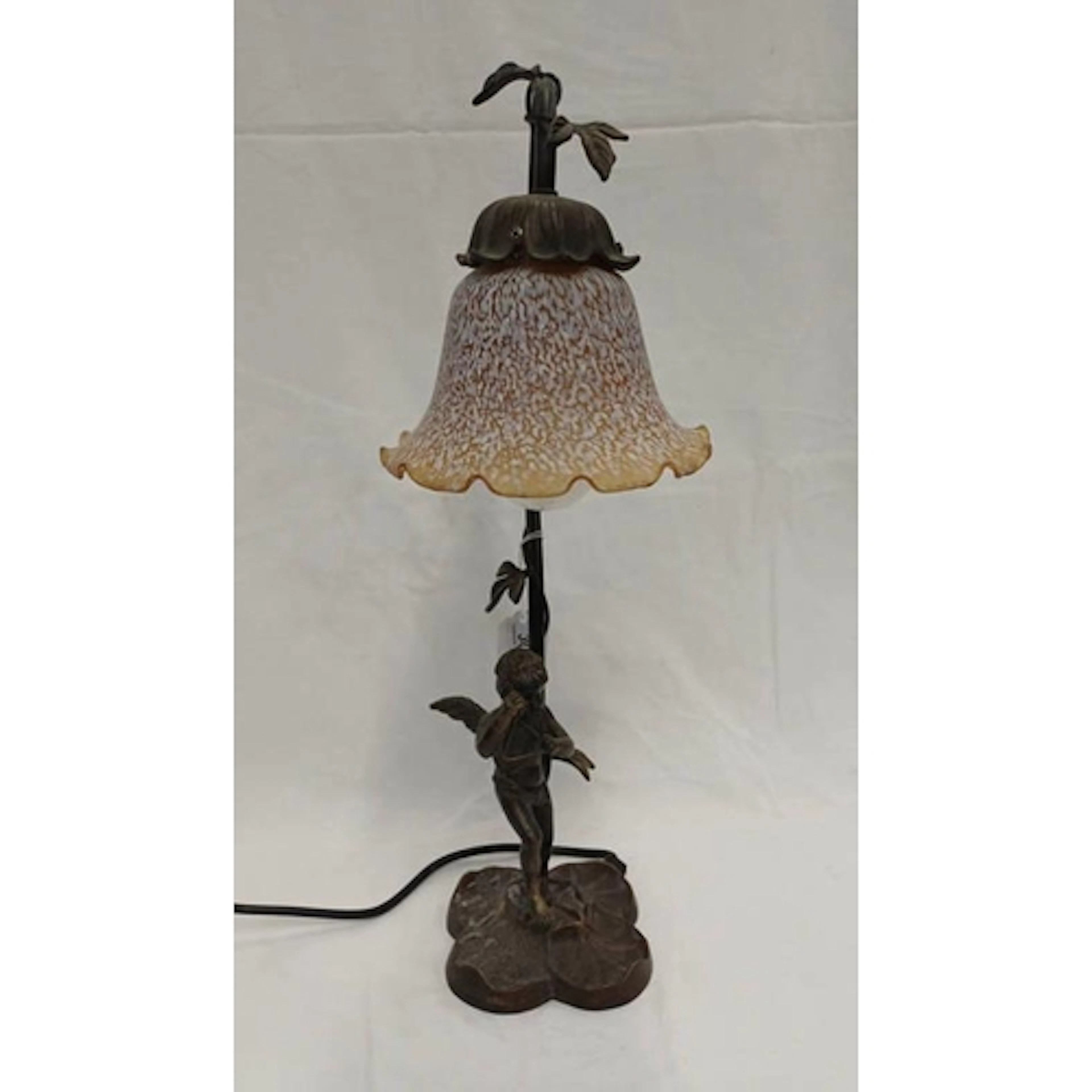 TIFFANY STYLE TABLE LAMP WITH CHERUB ON LILY PAD WITH COLOUR...