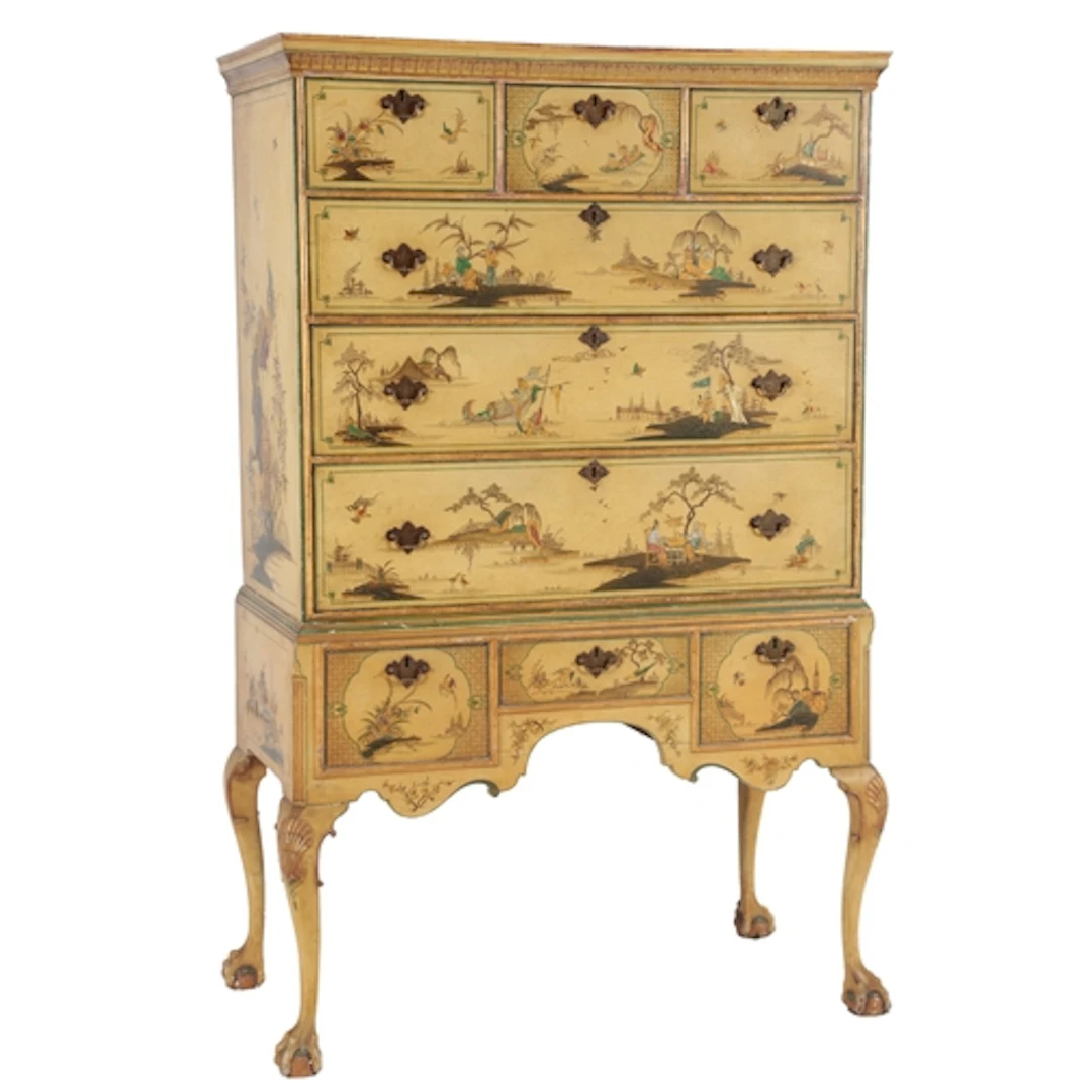 A George I style chinoiserie lacquer chest on stand, early t...