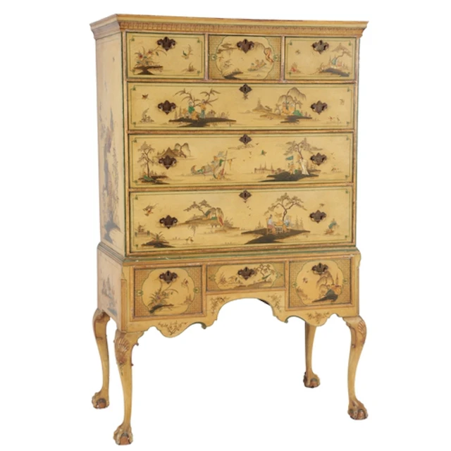A George I style chinoiserie lacquer chest on stand, early t...
