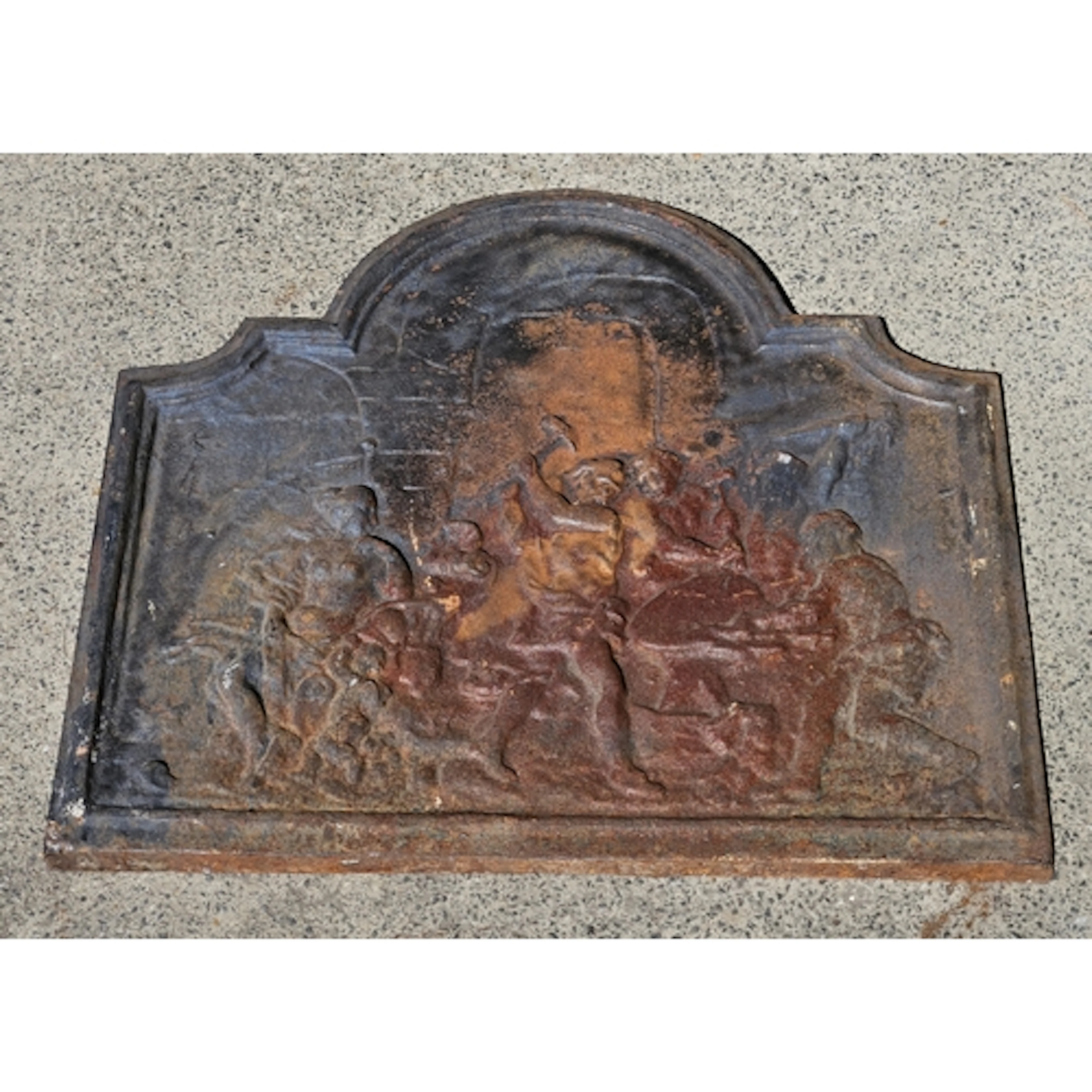Antique Cast Iron Fire Back with work shop scene approx. 60c...